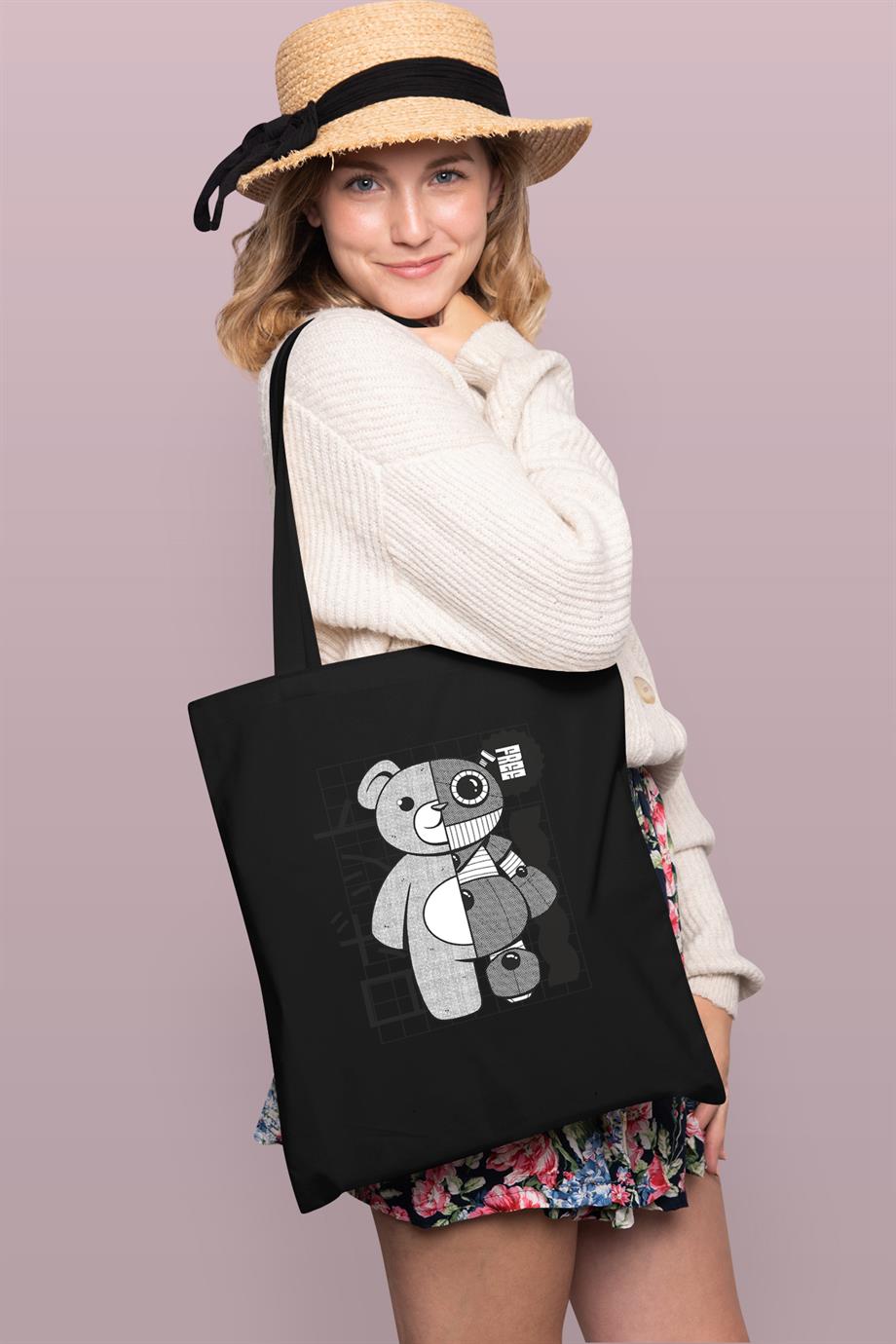 BRZ Collection Robot Bear Baskılı Tote Bag Gabardin Çanta