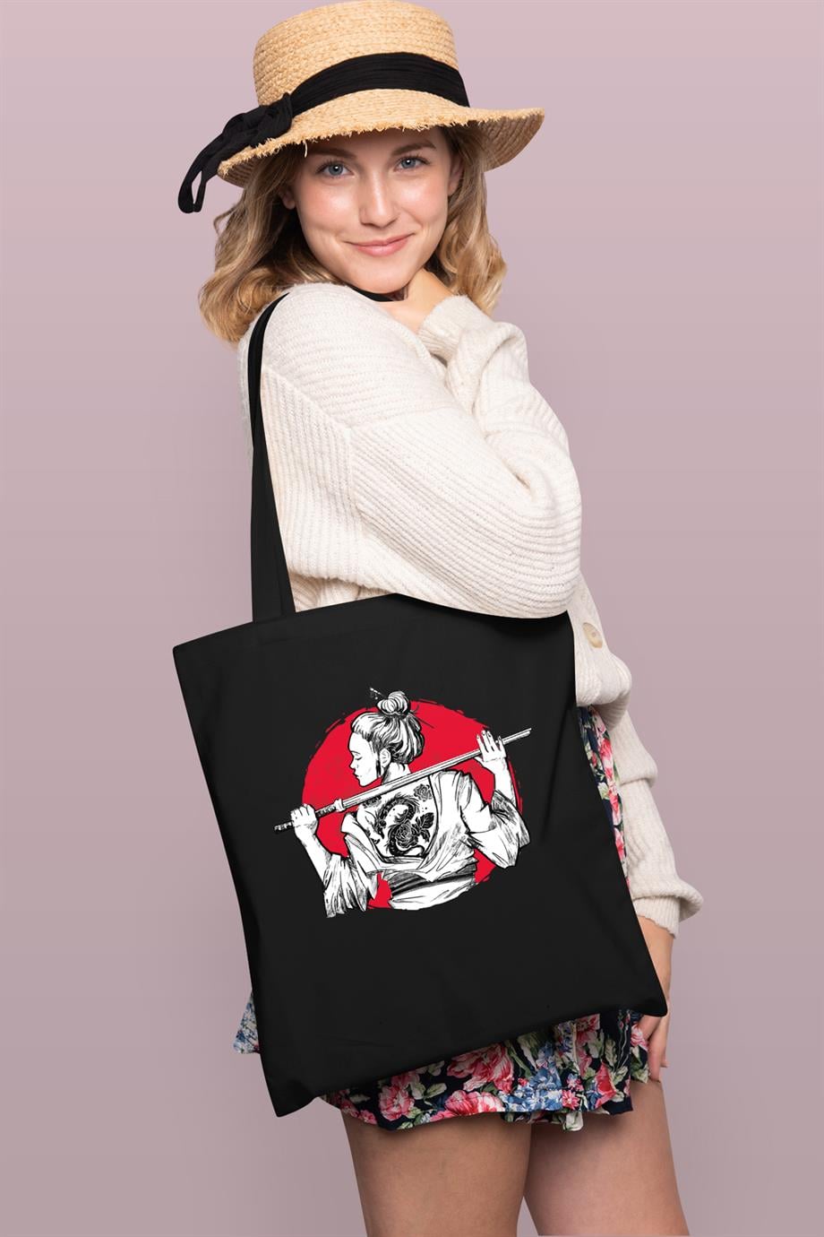 BRZ Collection Samurai Girl Baskılı Tote Bag Gabardin Çanta