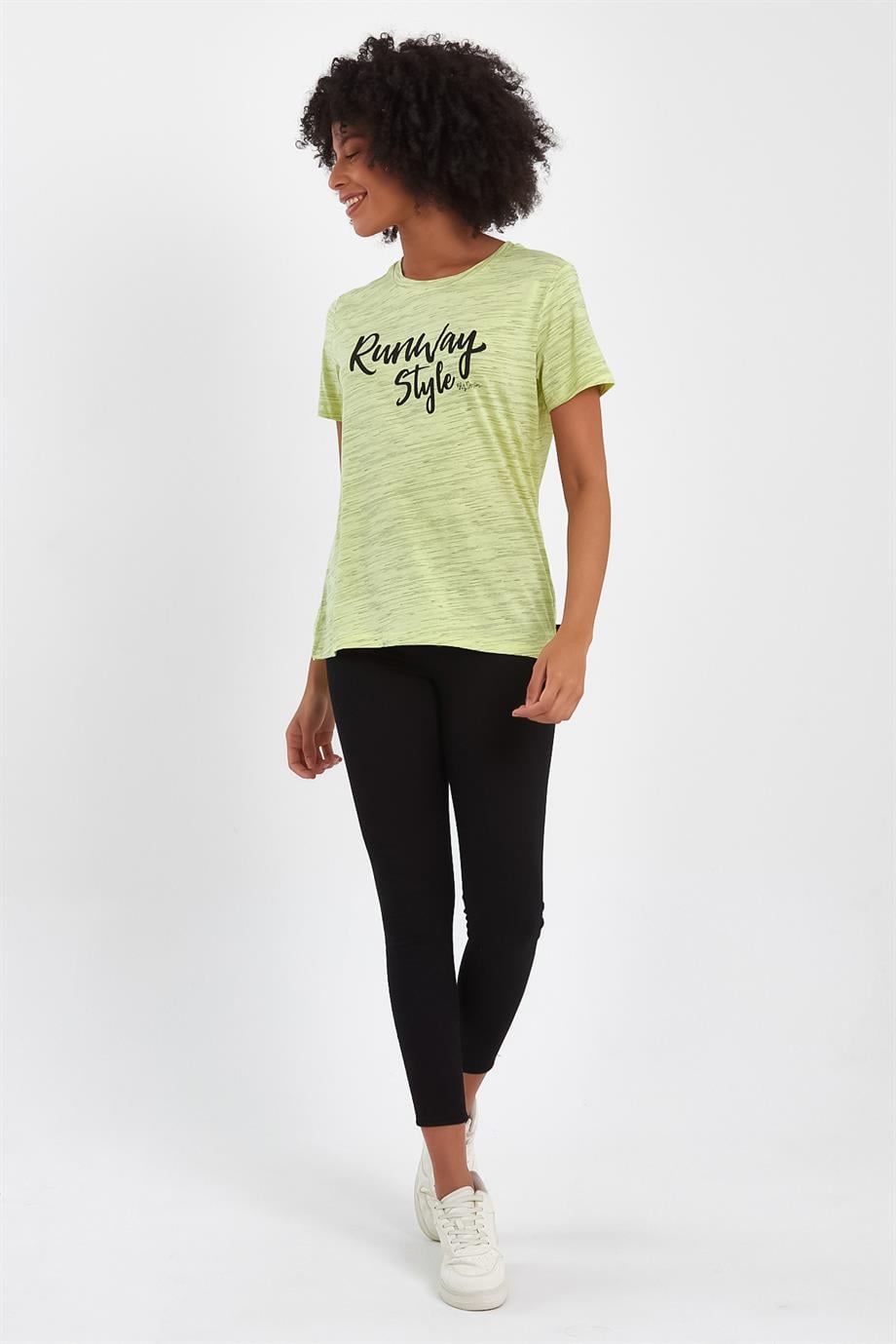 BRZ Collection Sarı Renk Siyah  Kırçıllı Kadın Kısa Kollu T-shirt