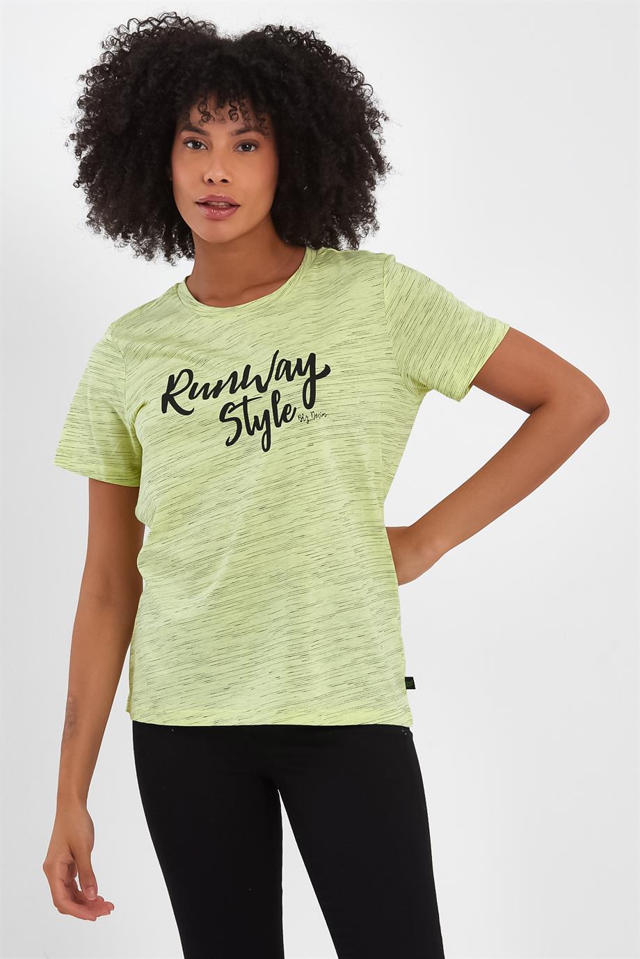 BRZ Collection Sarı Renk Siyah  Kırçıllı Kadın Kısa Kollu T-shirt