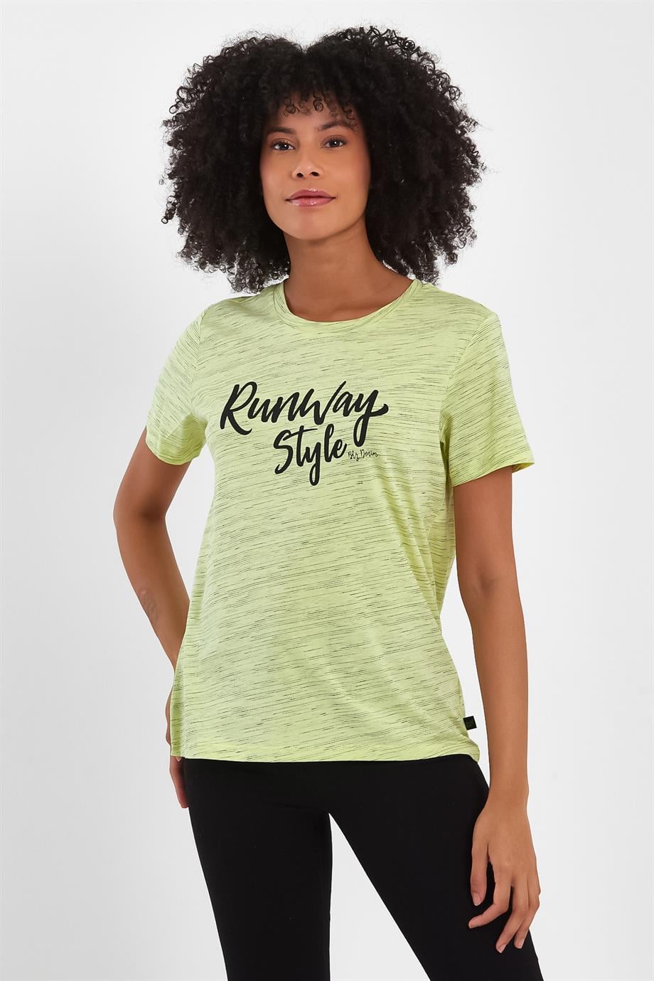 BRZ Collection Sarı Renk Siyah  Kırçıllı Kadın Kısa Kollu T-shirt