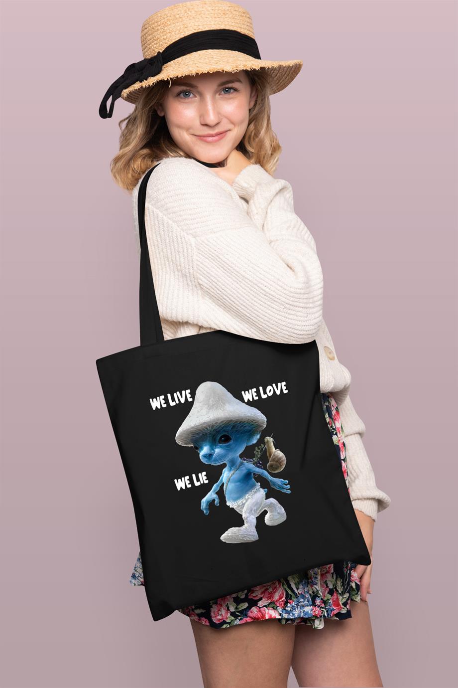 BRZ Collection Smurf Cat We Live We Love We Lie Baskılı Tote Bag Gabardin Çanta