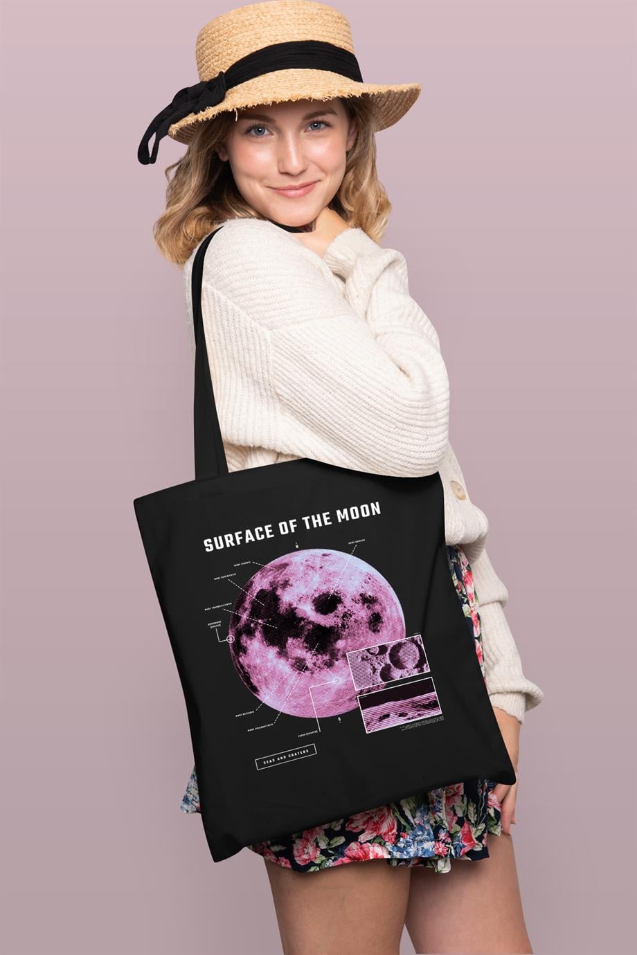 BRZ Collection Surface On The Moon Baskılı Tote Bag Gabardin Çanta