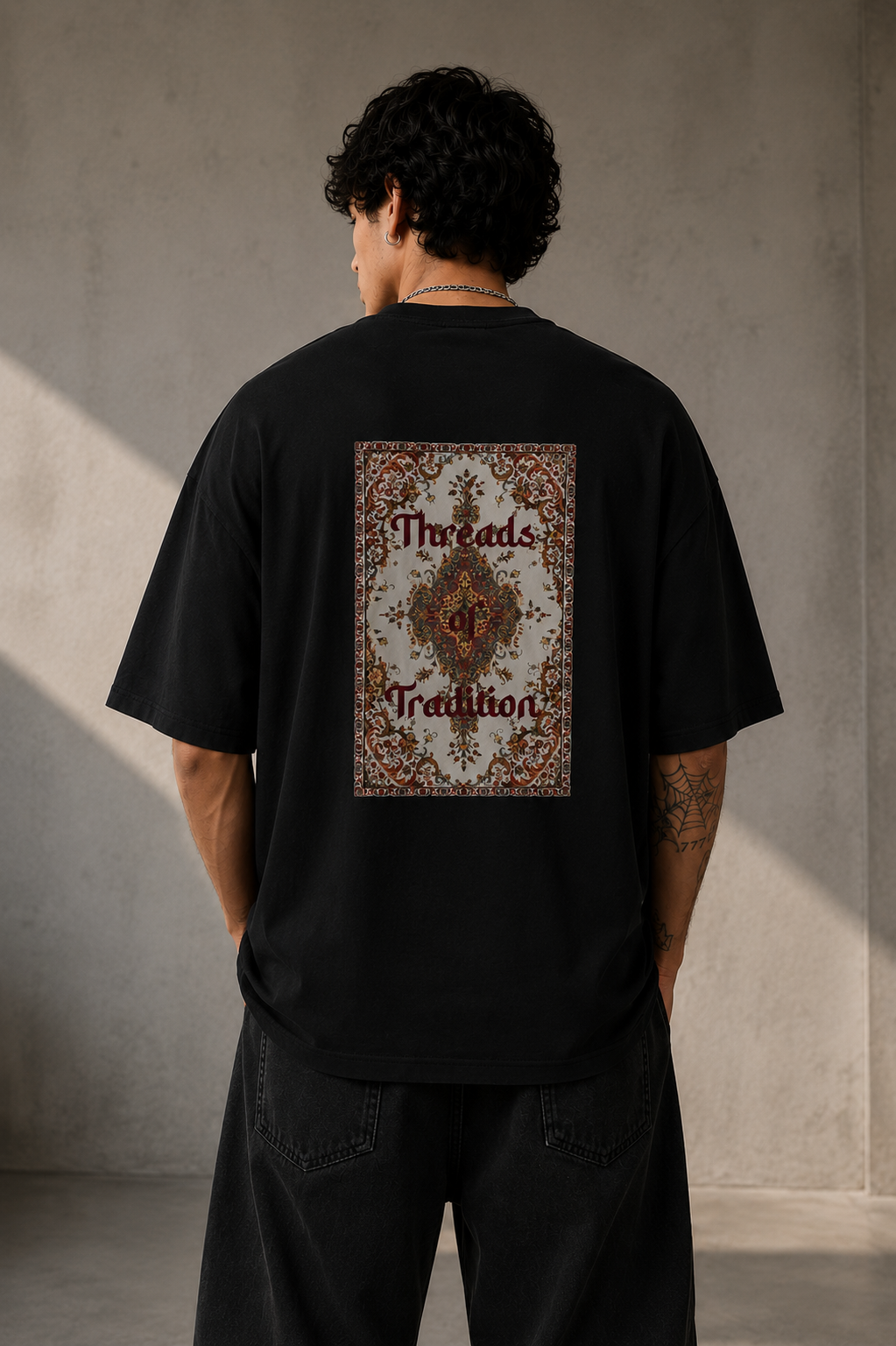 BRZ Collection Unisex Oversize Threads of Tradition Vintage Halı Motifli T-shirt (Siyah)