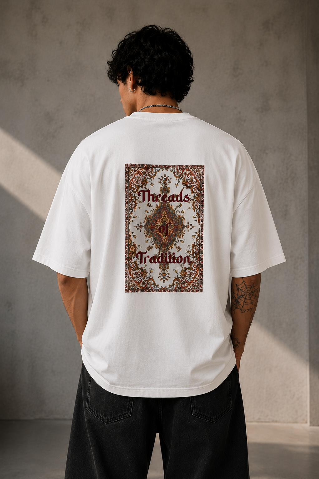 BRZ Collection Unisex Oversize Threads of Tradition Vintage Halı Motifli T-shirt (BEYAZ)