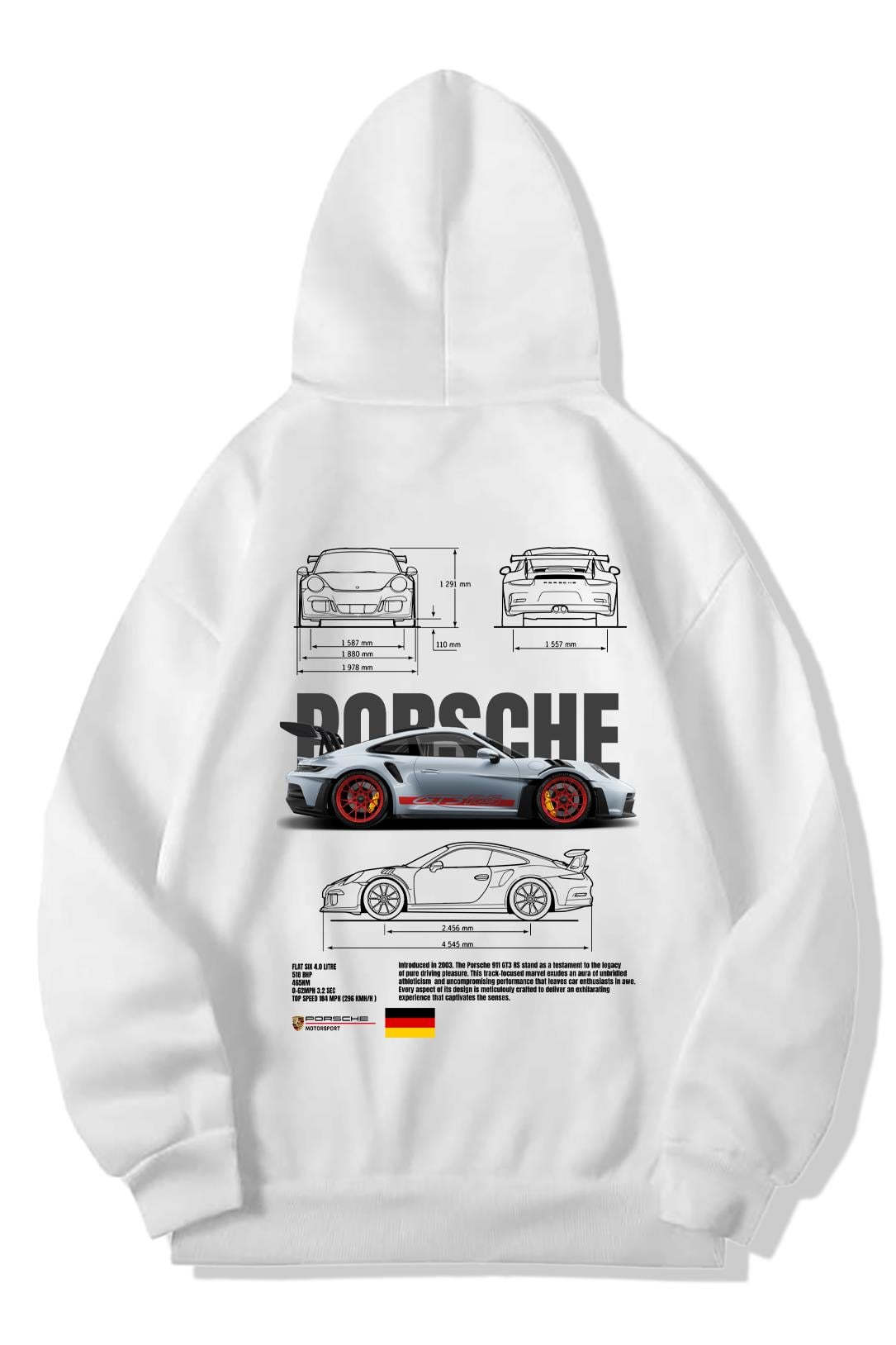 BRZ Collection Unisex Oversize Porsche 911 GT3 RS Hoodie Beyaz
