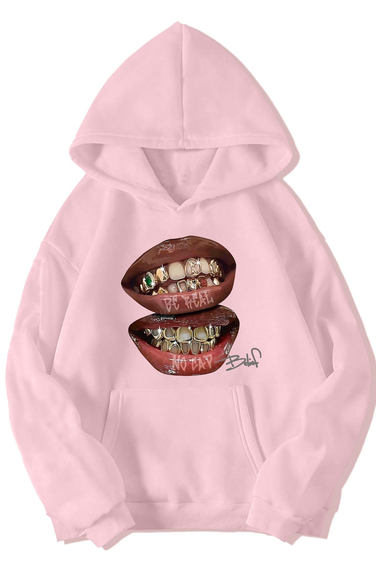 BRZ Collection Unisex Oversize (Açık Pembe) Be Real No Cap Grillz Tee Hoodie (Açık Pembe)