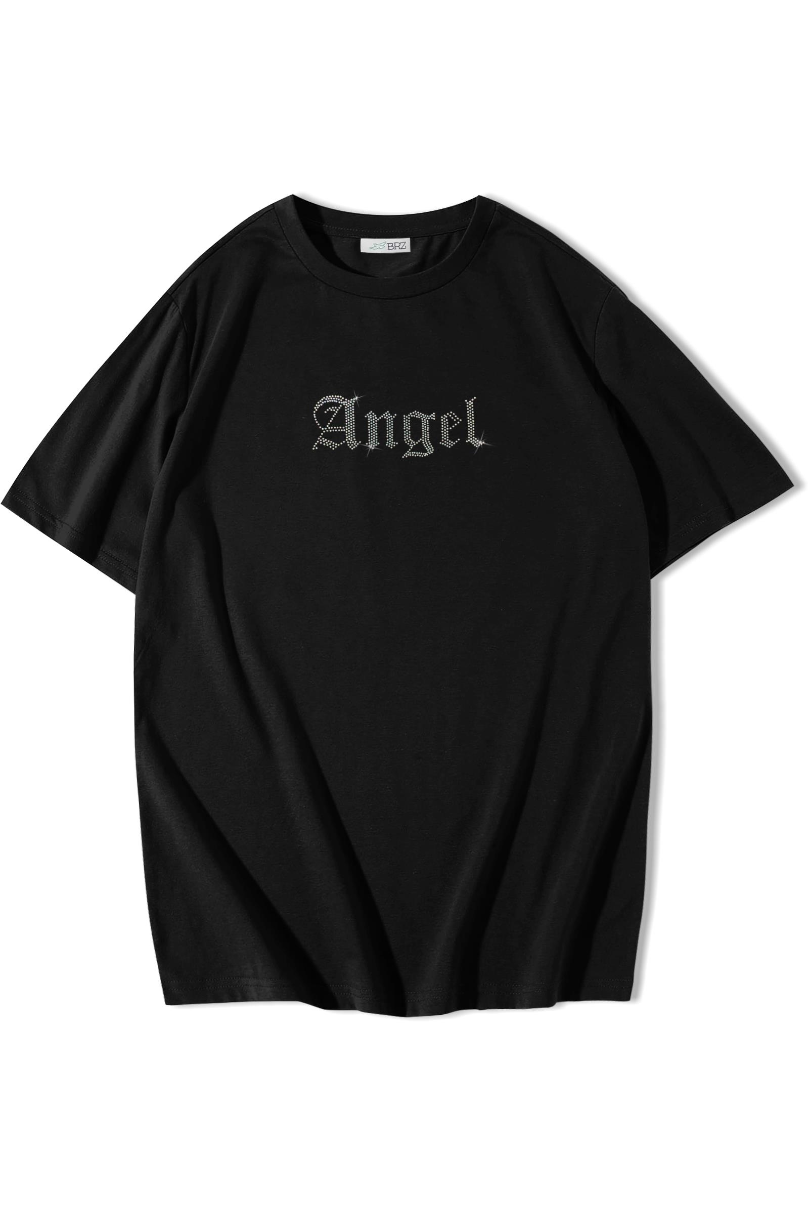 BRZ Collection Unisex Oversize Angel Kristal Taş Baskılı T-shirt