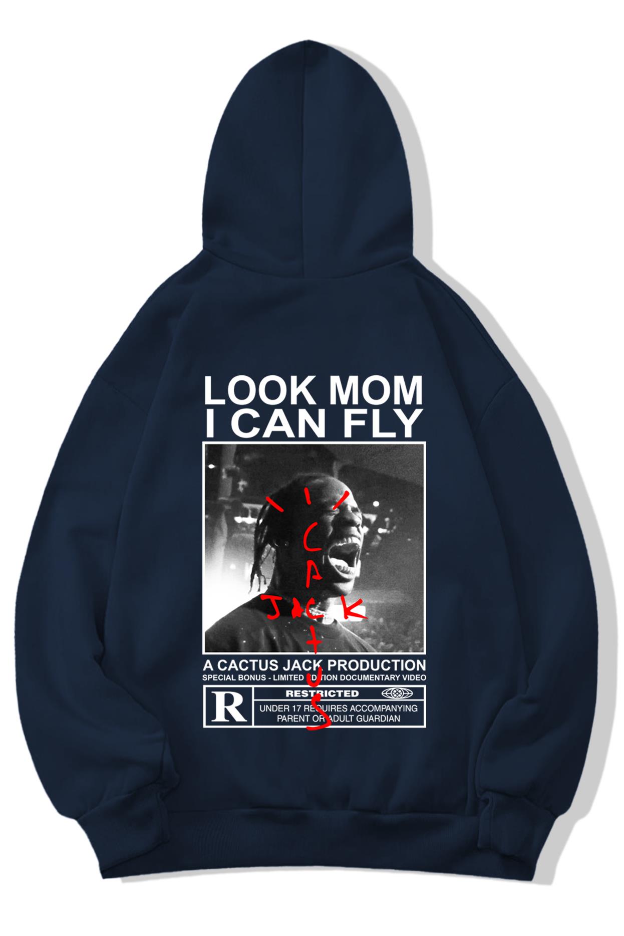 BRZ Collection Unisex Oversize Arka Baskılı Look Mom I Can Fly Hoodie