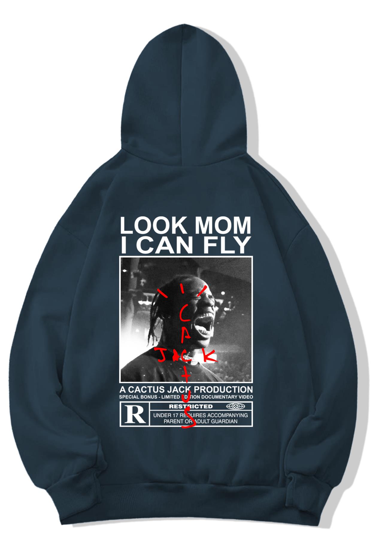 BRZ Collection Unisex Oversize Arka Baskılı Look Mom I Can Fly Hoodie