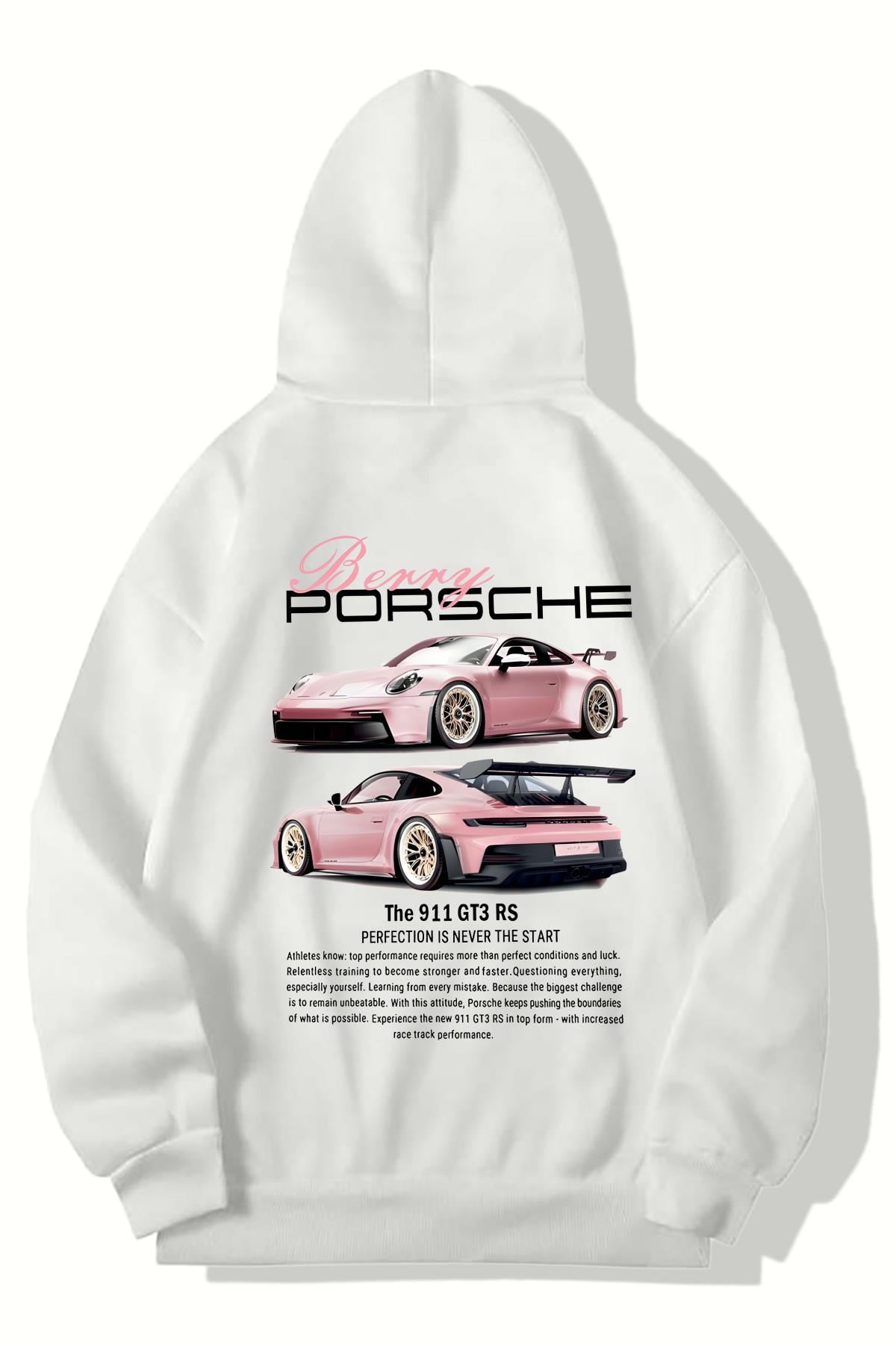 BRZ Collection Unisex Oversize Berry Porsche Hoodie (BEYAZ)