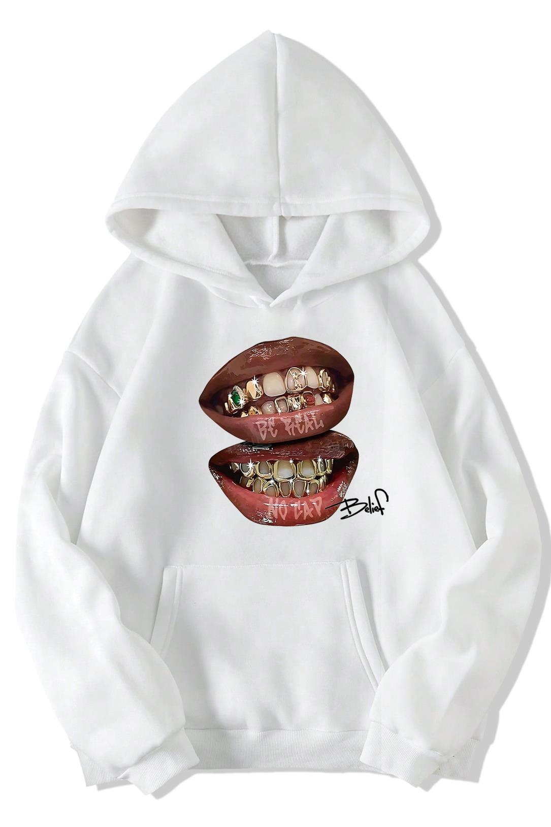 BRZ Collection Unisex Oversize (BEYAZ) Be Real No Cap Grillz Tee Hoodie (BEYAZ)