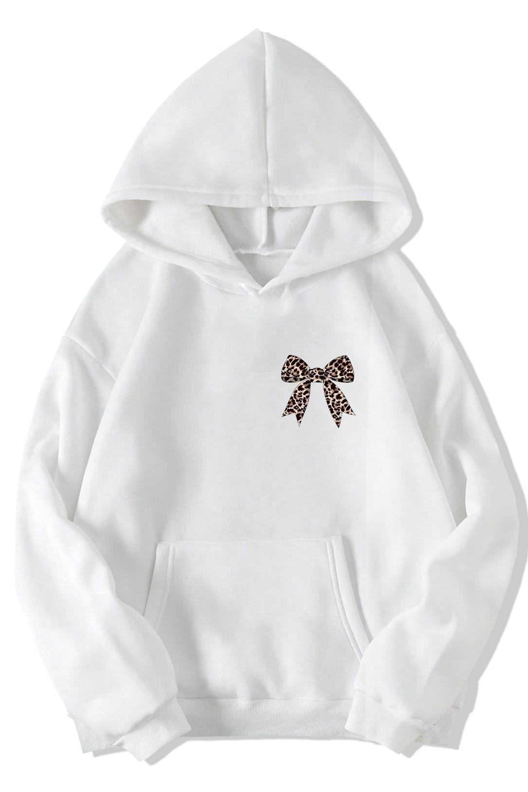 BRZ Collection Unisex Oversize (BEYAZ) Leopar Kurdele Desenli Hoodie (BEYAZ)