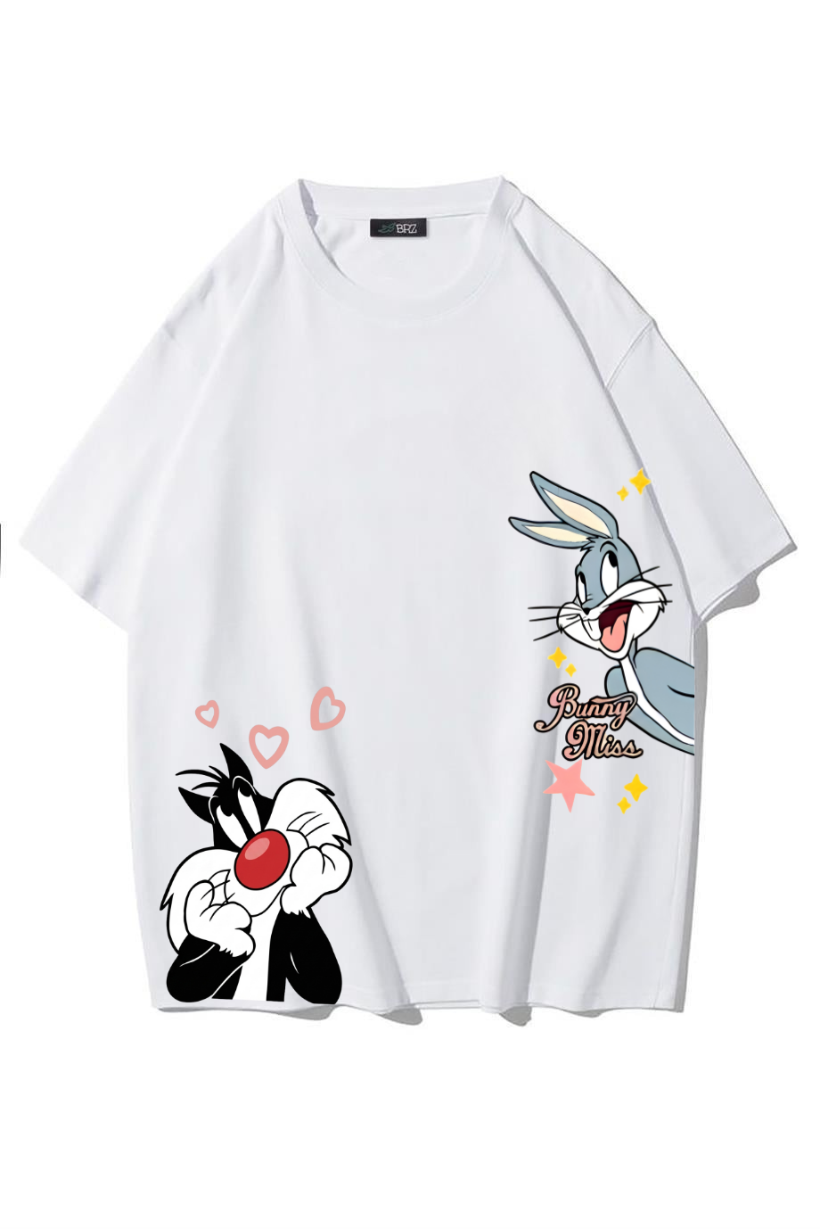 BRZ Collection Unisex Oversize Bugs Bunny & Sylvester T-shirt BEYAZ