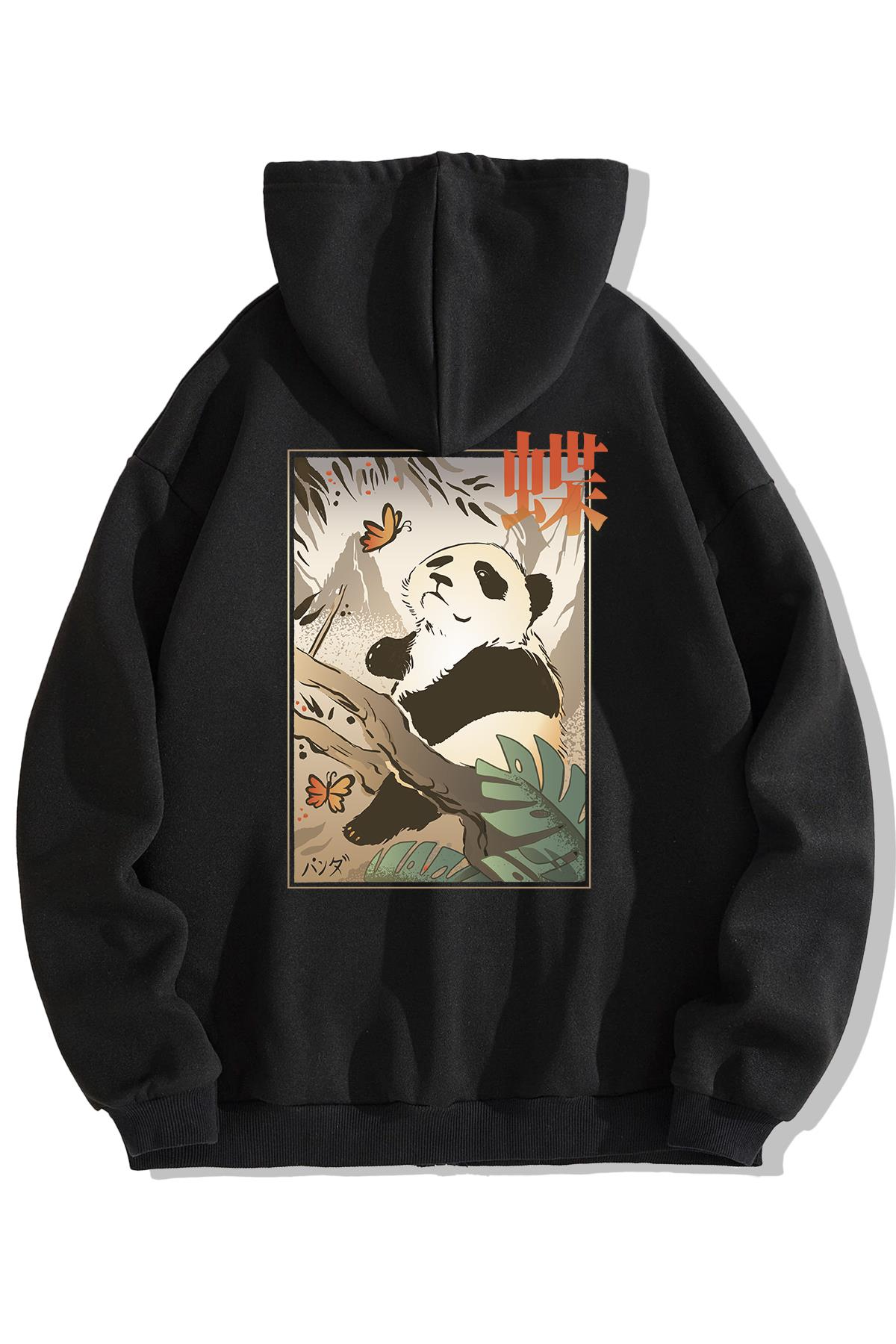 BRZ Collection Unisex Oversize Butterfly and Japanese Panda Fermuarlı Hoodie