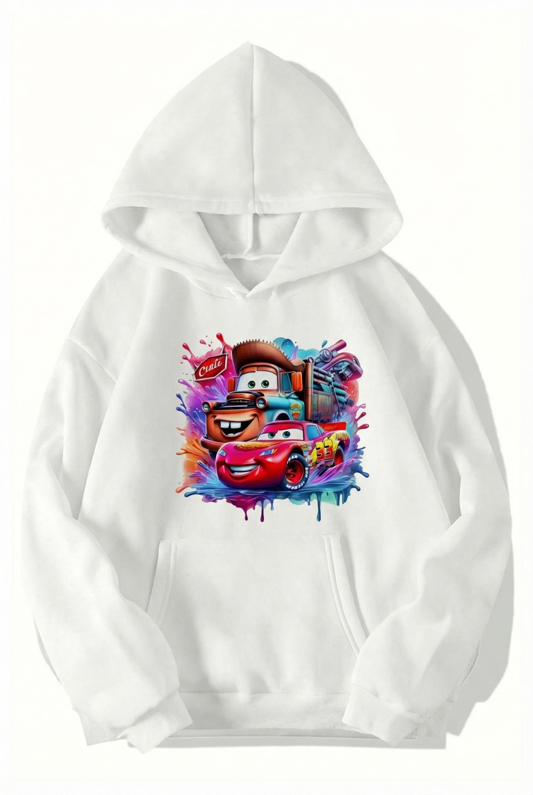 BRZ Collection Unisex Oversize - Cars - McQueen & Tow Mater Best Friends Hoodie (BEYAZ)