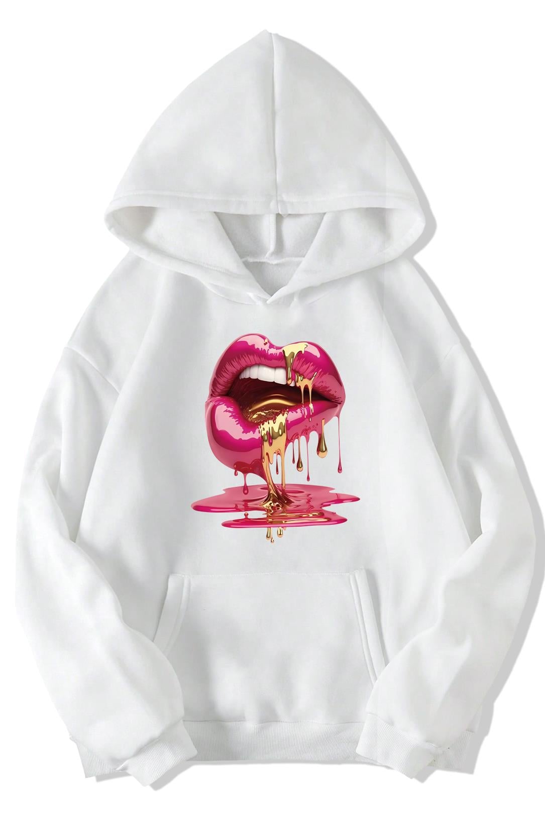 BRZ Collection Unisex Oversize Casu Lip Dudak Hoodie (BEYAZ)