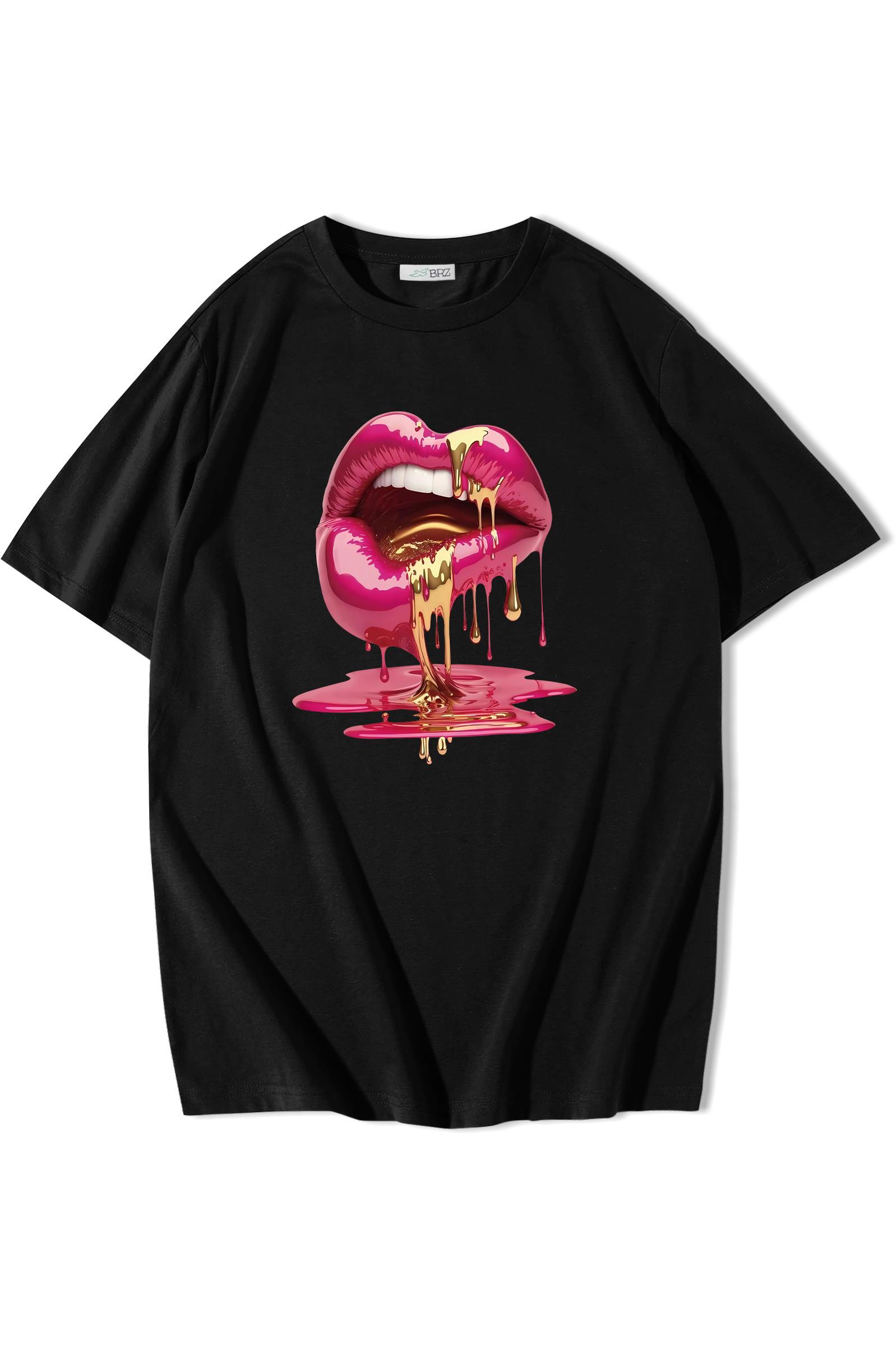 BRZ Collection Unisex Oversize Casu Lip Dudak Baskılı T-shirt Siyah