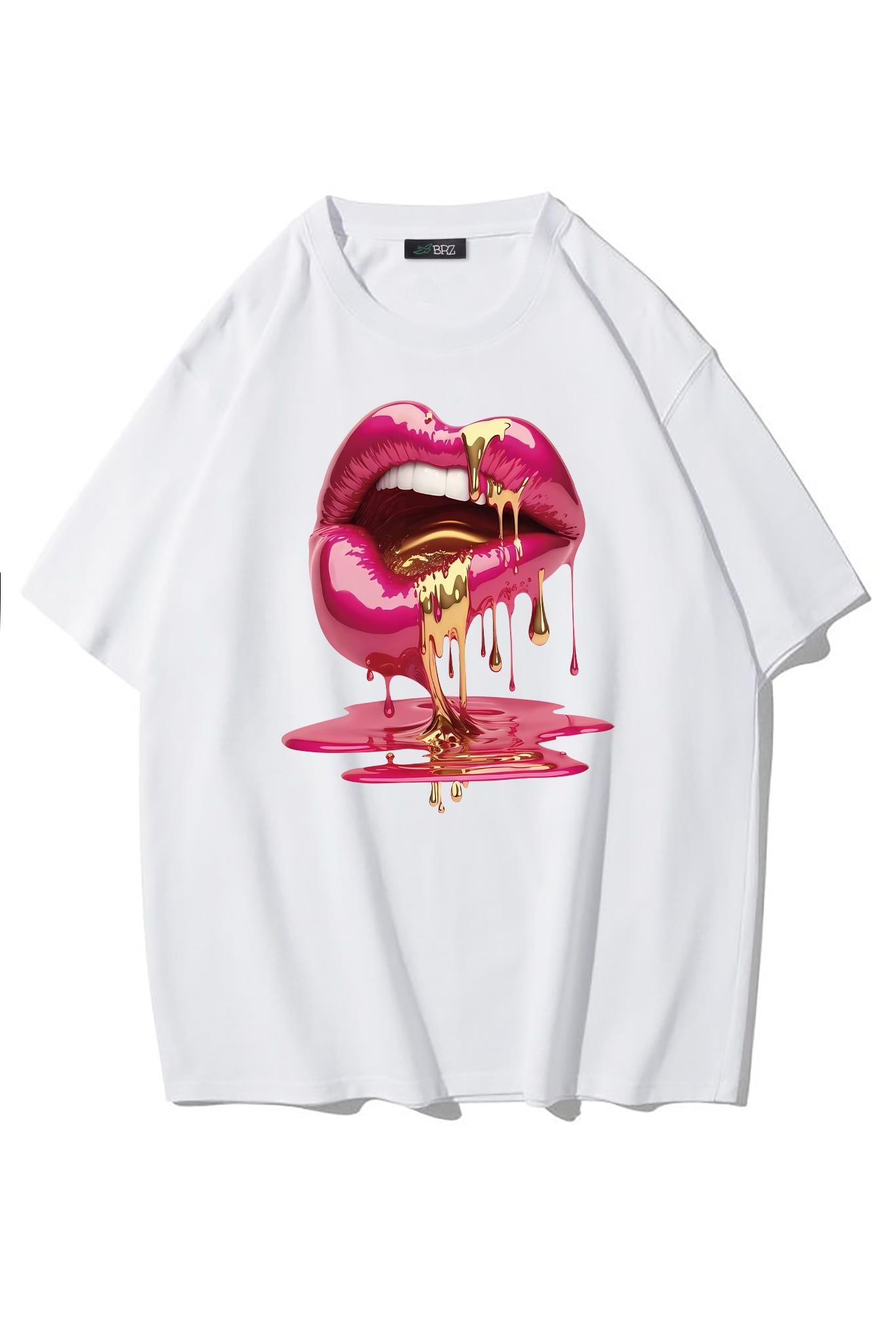 BRZ Collection Unisex Oversize Casu Lip Dudak Baskılı T-shirt Beyaz