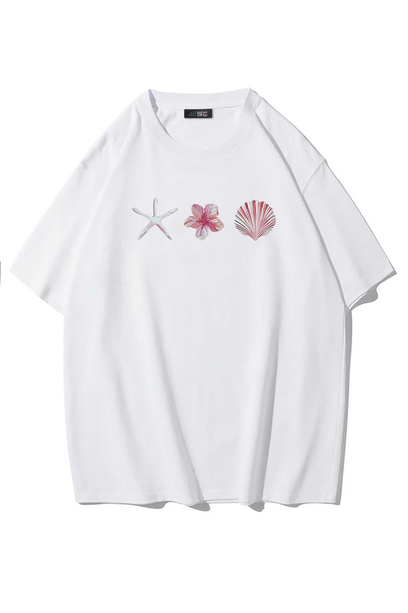 BRZ Collection Unisex Oversize Deniz Yıldızı, Çiçek ve Deniz Kabuğu T-shirt Beyaz