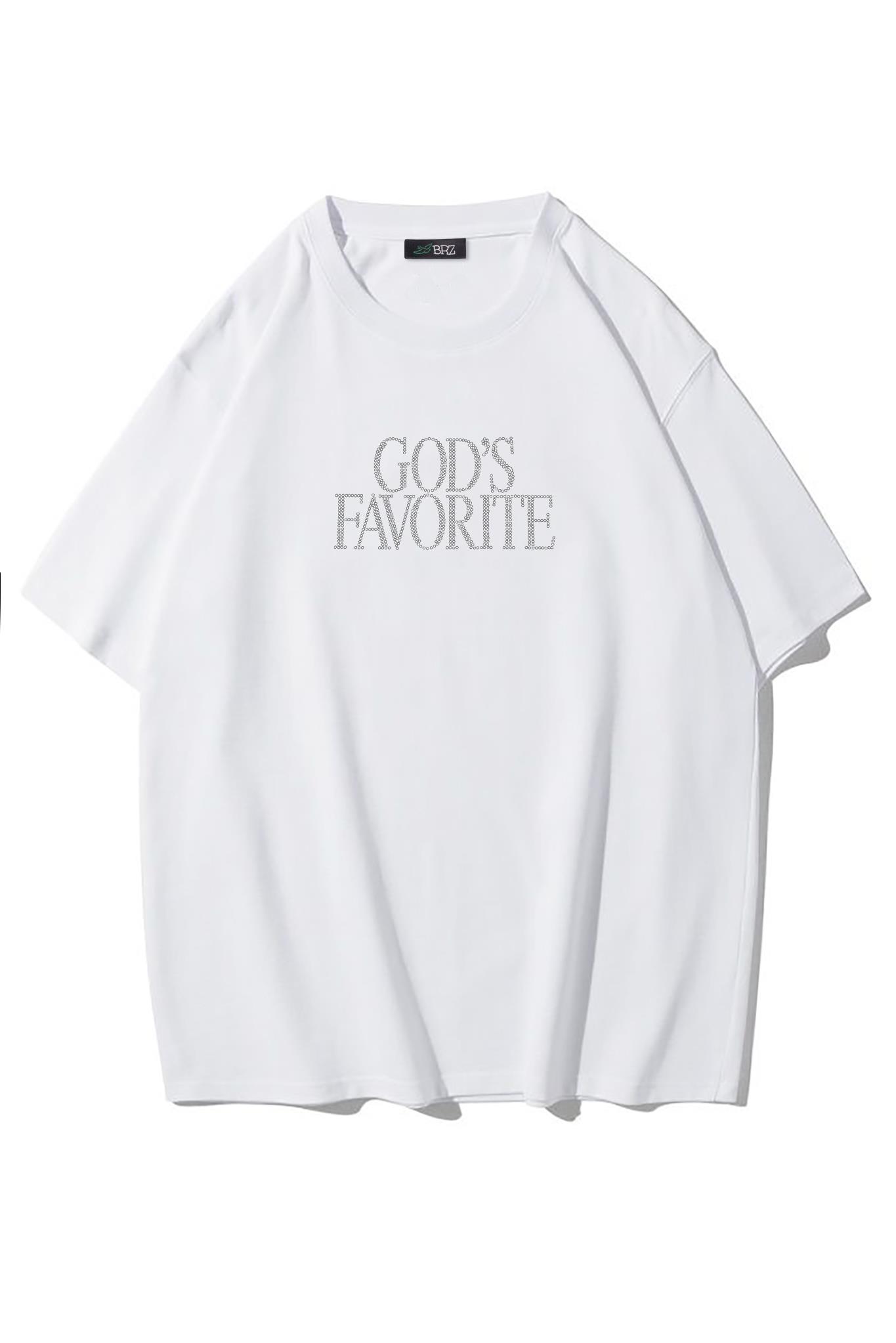 BRZ Collection Unisex Oversize Gods Favorite Kristal Taş Baskılı T-shirt Beyaz