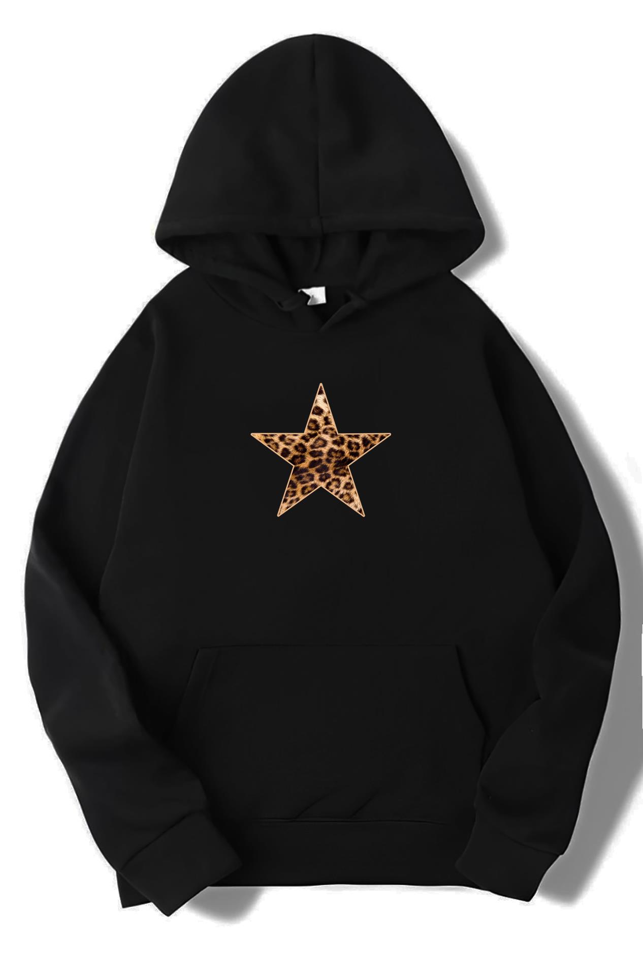 BRZ Collection Unisex Oversize Leopar Yıldız Desenli Hoodie