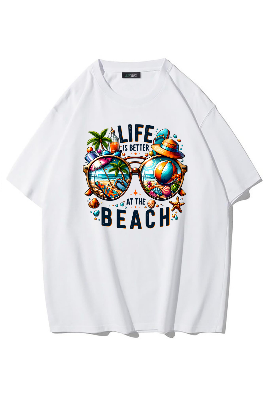 BRZ Collection Unisex Oversize Life Is Better At The Beach T-shirt (BEYAZ)