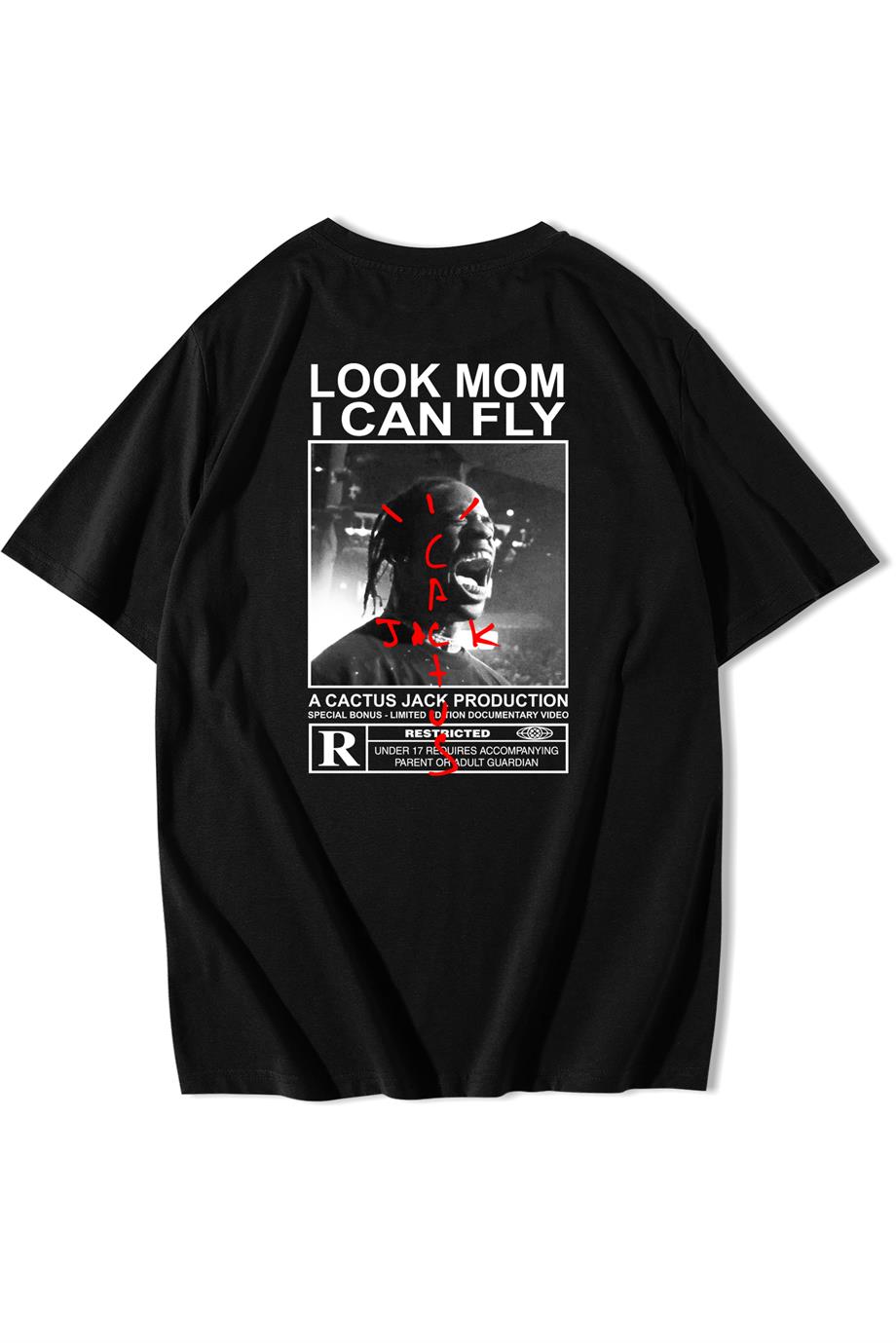 BRZ Collection Unisex Oversize Arka Baskılı Look Mom I Can Fly T-shirt