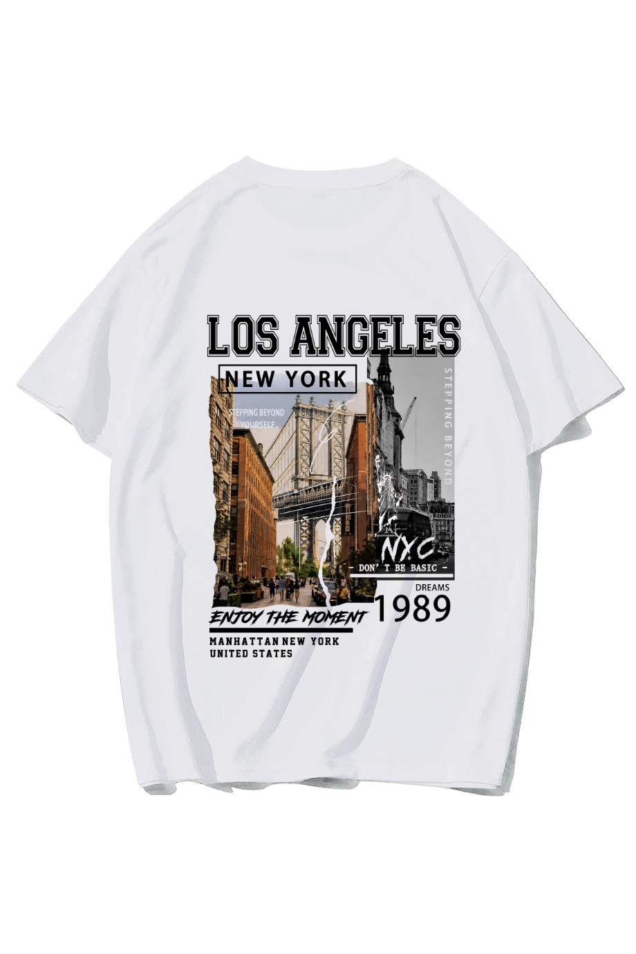 BRZ Collection Unisex Oversize Los Angeles & New York T-shirt (BEYAZ)