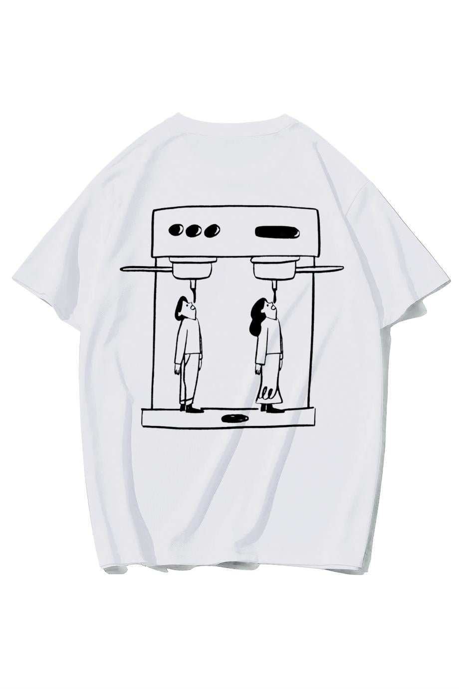 BRZ Collection Unisex Oversize Minimalist Kahve Baskılı Modern İllüstrasyon T-shirt (BEYAZ)