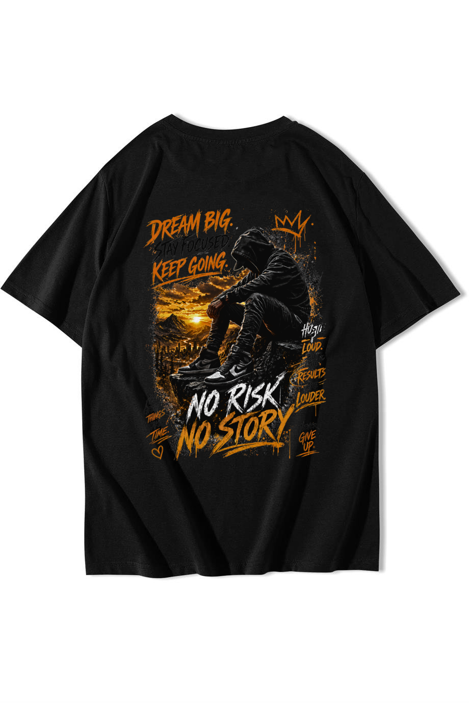 BRZ Collection Unisex Oversize No Risk No Story T-shirt Siyah