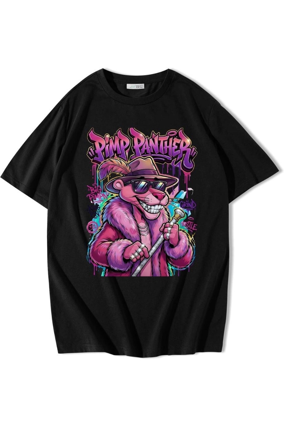 BRZ Collection Unisex Oversize Ön Baskılı Pimp Panther T-shirt Siyah