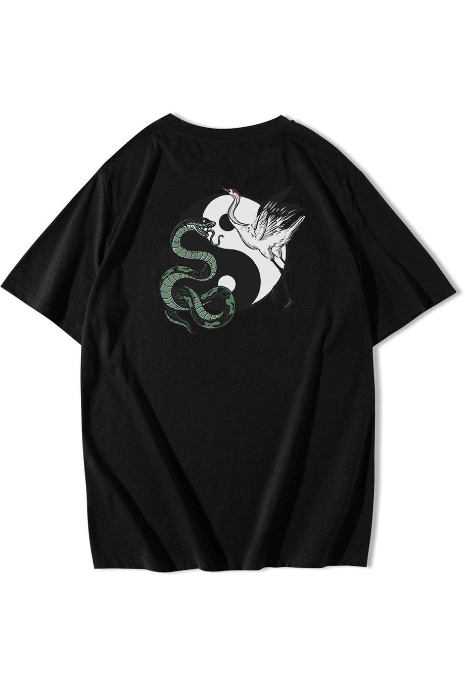 BRZ Collection Unisex Oversize Ön ve Arka Baskılı Ying Yang Snake And Crane T-shirt