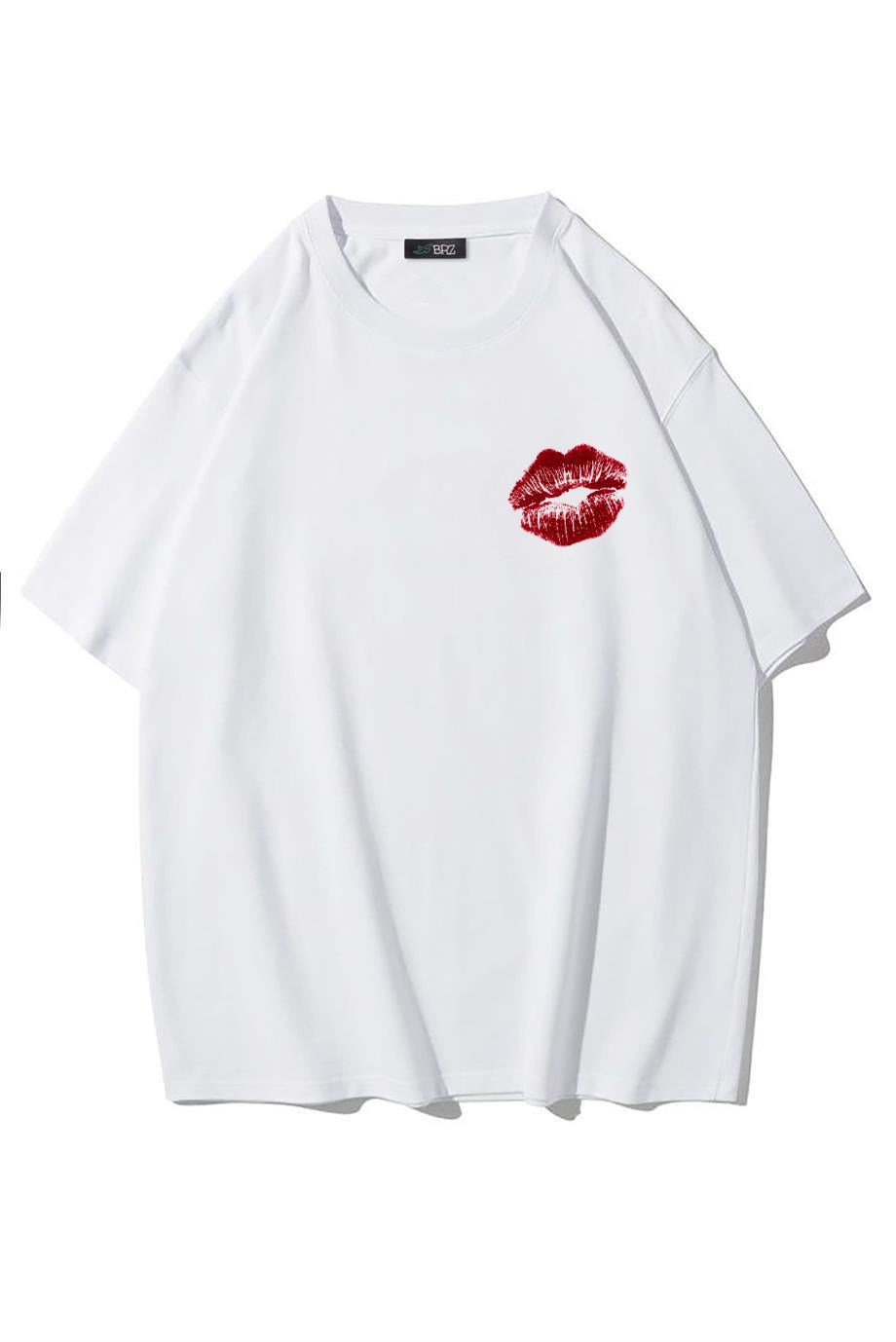 BRZ Collection Unisex Oversize Öpücük (Kiss) T-shirt (BEYAZ)
