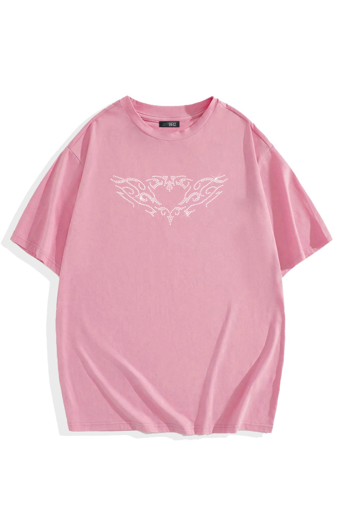BRZ Collection Unisex Oversize Pembe Heart Kristal Taş Baskılı T-shirt