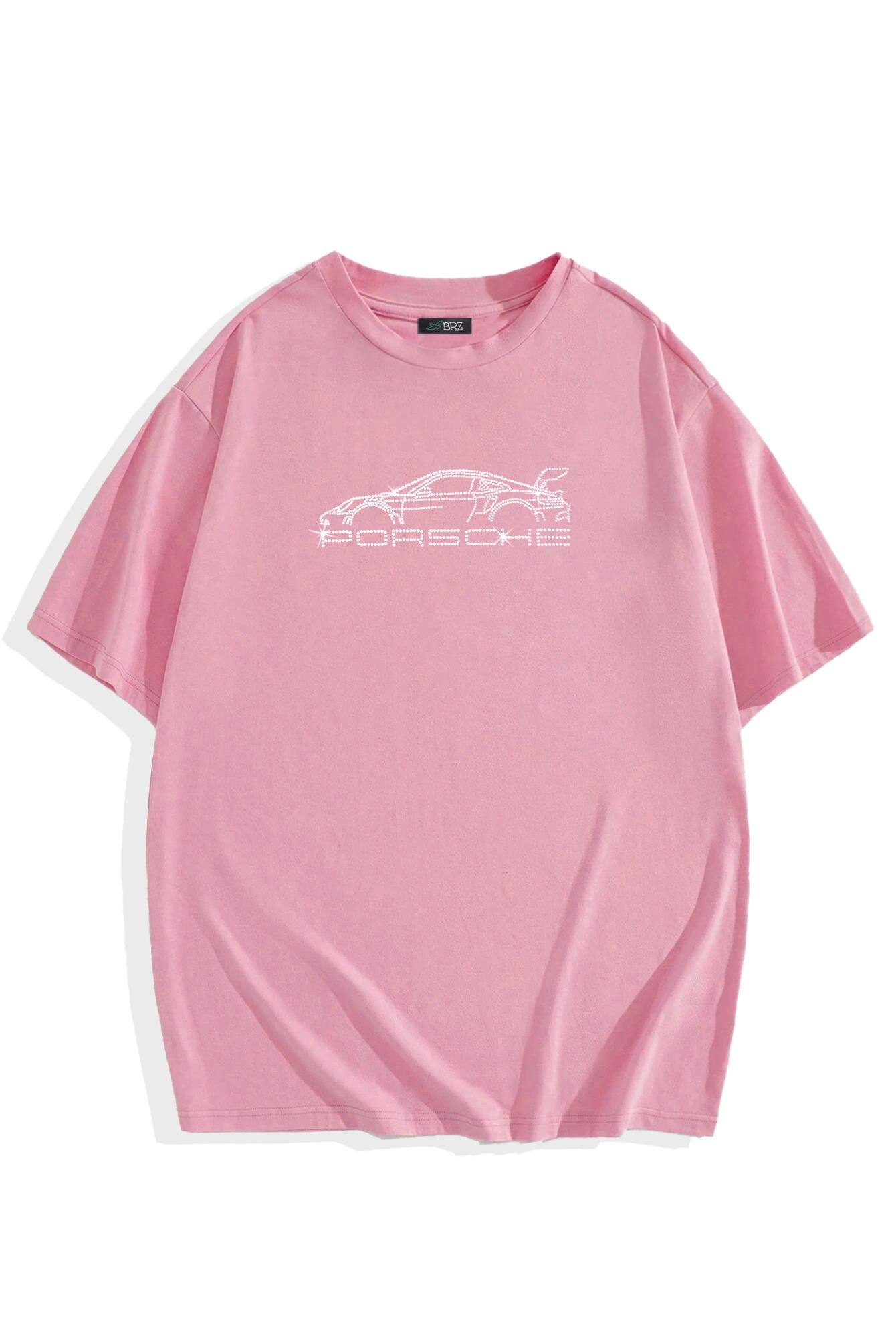 BRZ Collection Unisex Oversize Pembe Porsche Kristal Taş Baskılı T-shirt