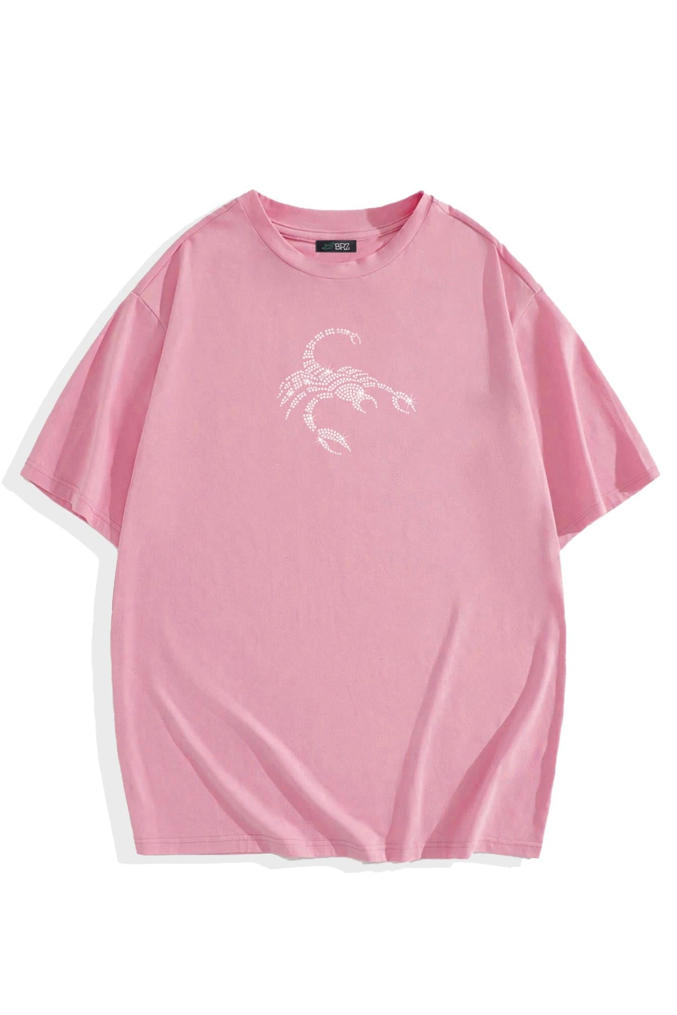 BRZ Collection Unisex Oversize Pembe Scorpion Kristal Taş Baskılı T-shirt