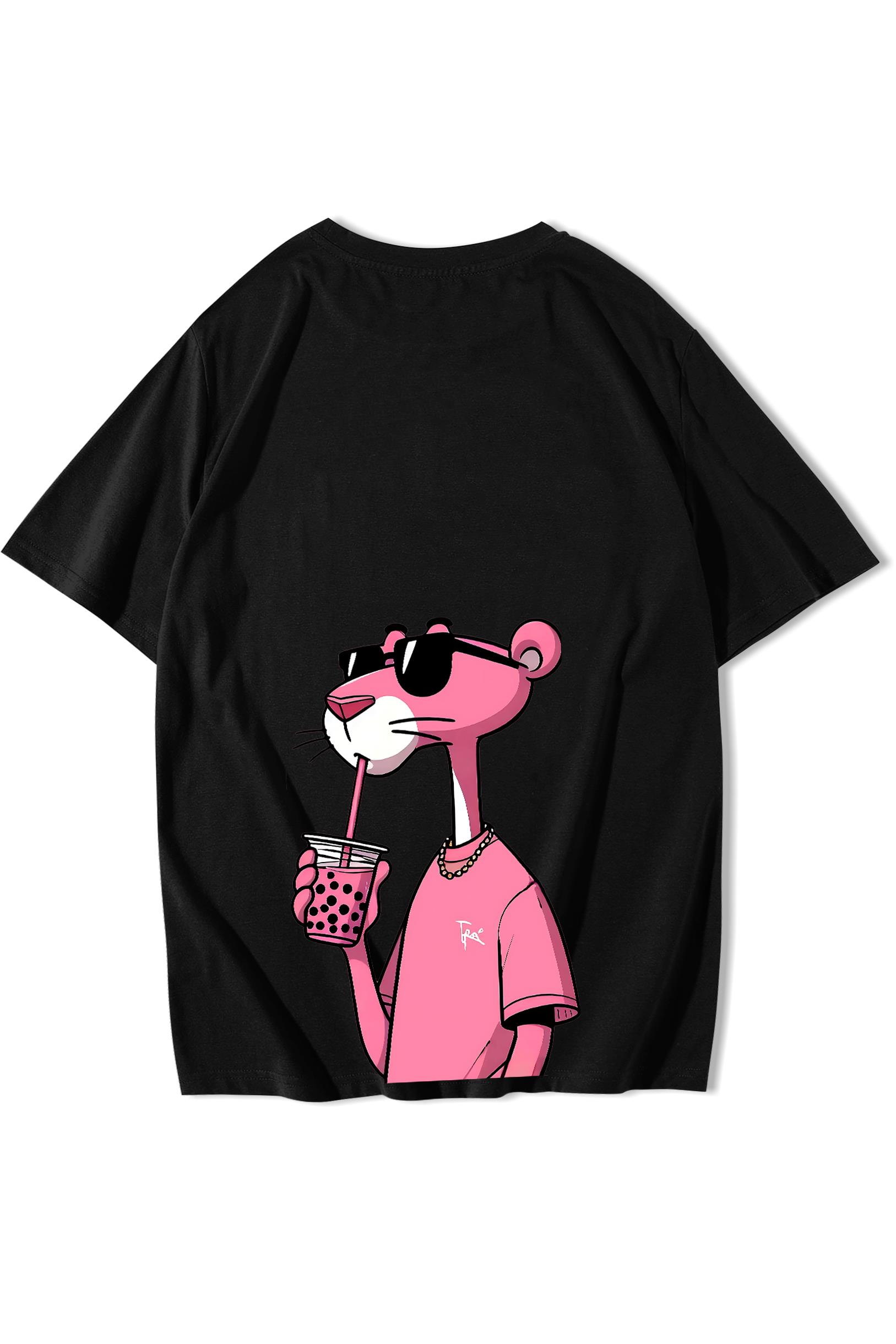 BRZ Collection Unisex Oversize Pink Panther Pembe Panter T-shirt Siyah