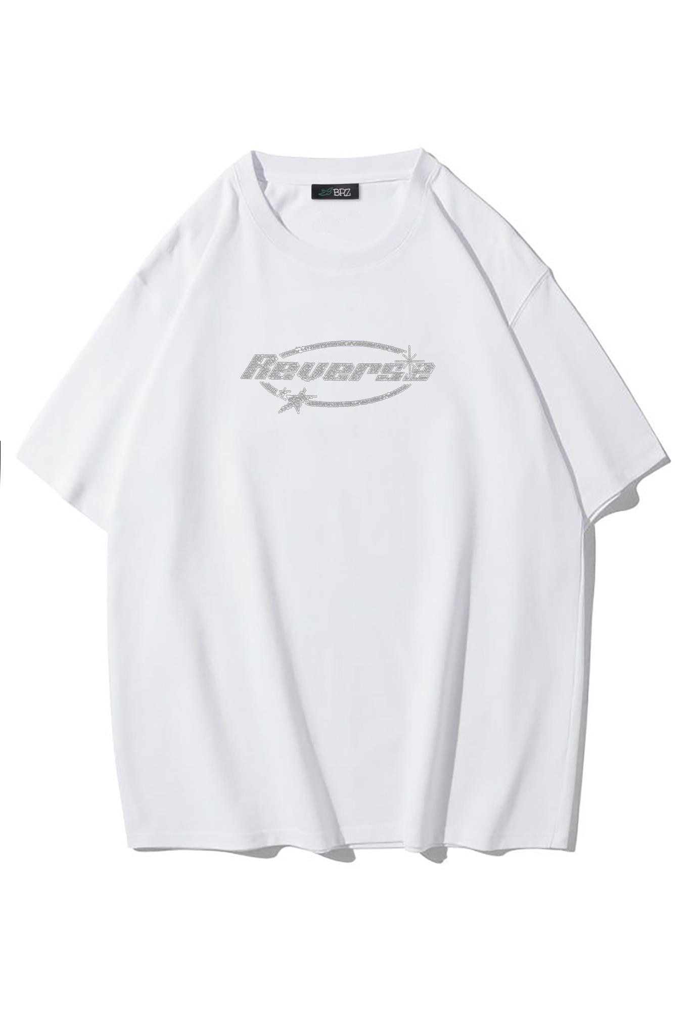 BRZ Collection Unisex Oversize Reverse Kristal Taş Baskılı T-shirt Beyaz