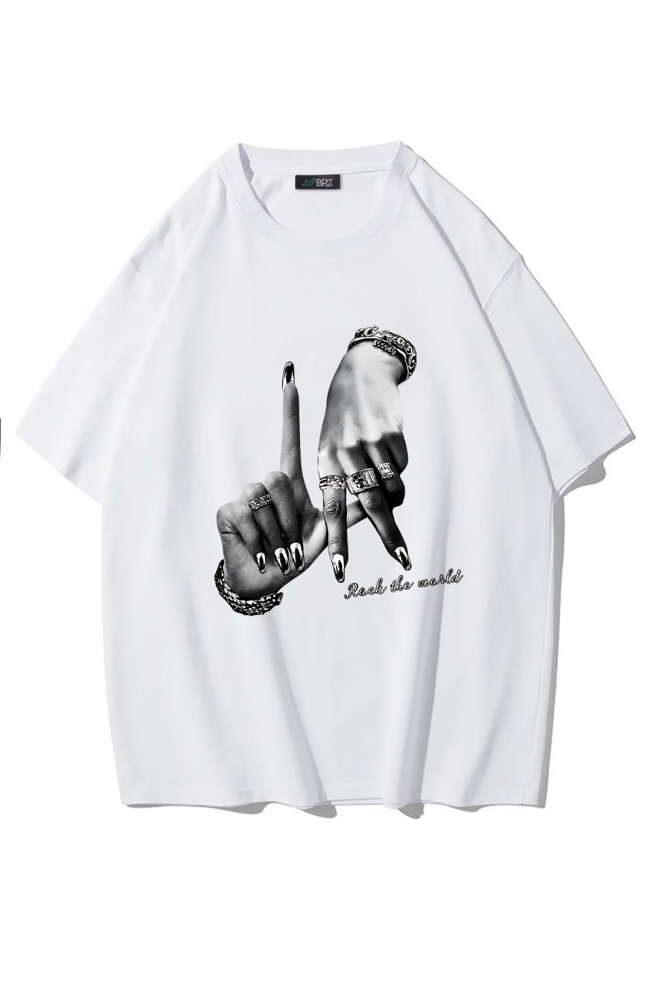 BRZ Collection Unisex Oversize Rock The World T-shirt (BEYAZ)