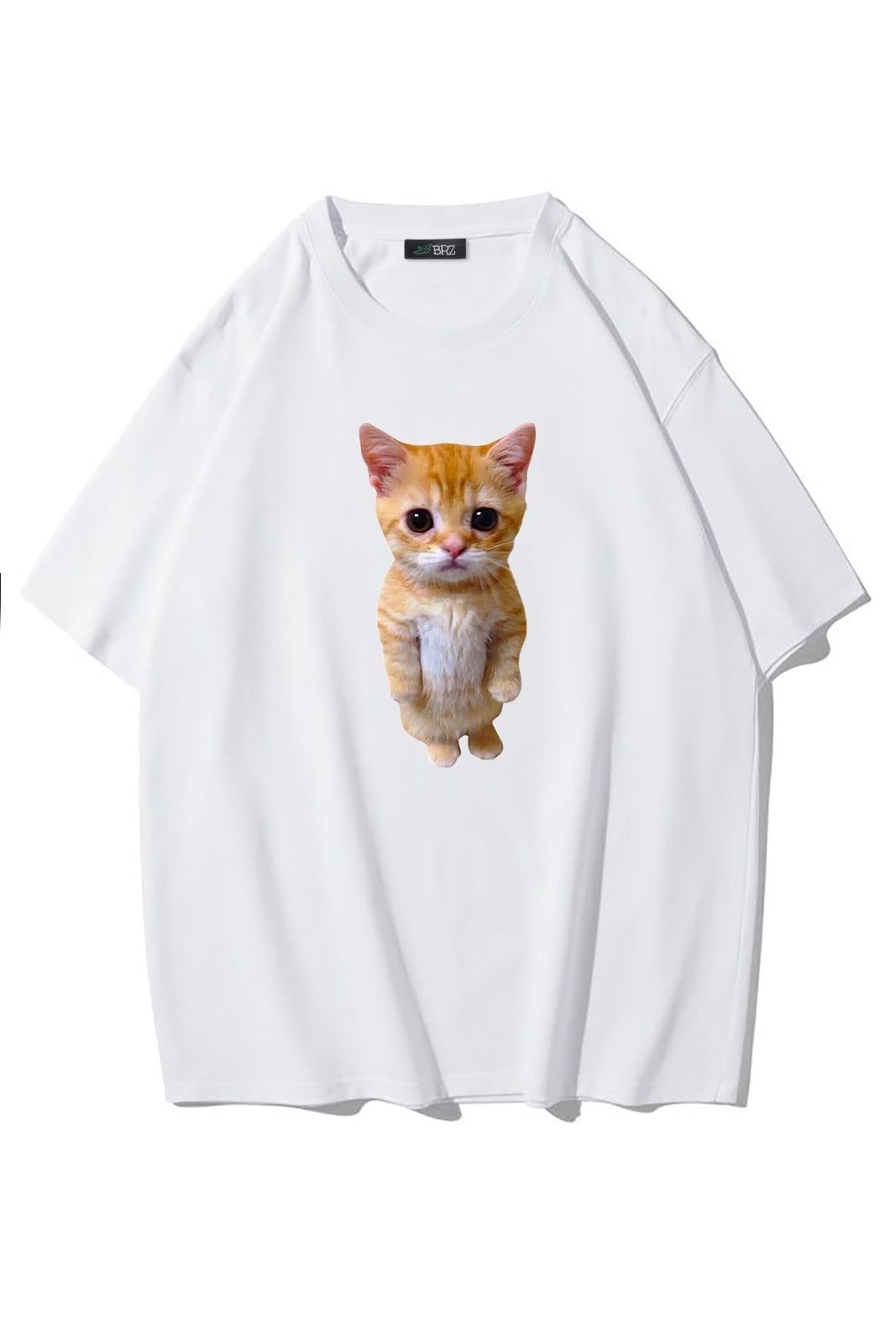BRZ Collection Unisex Oversize Sevimli Kedi T-shirt Beyaz