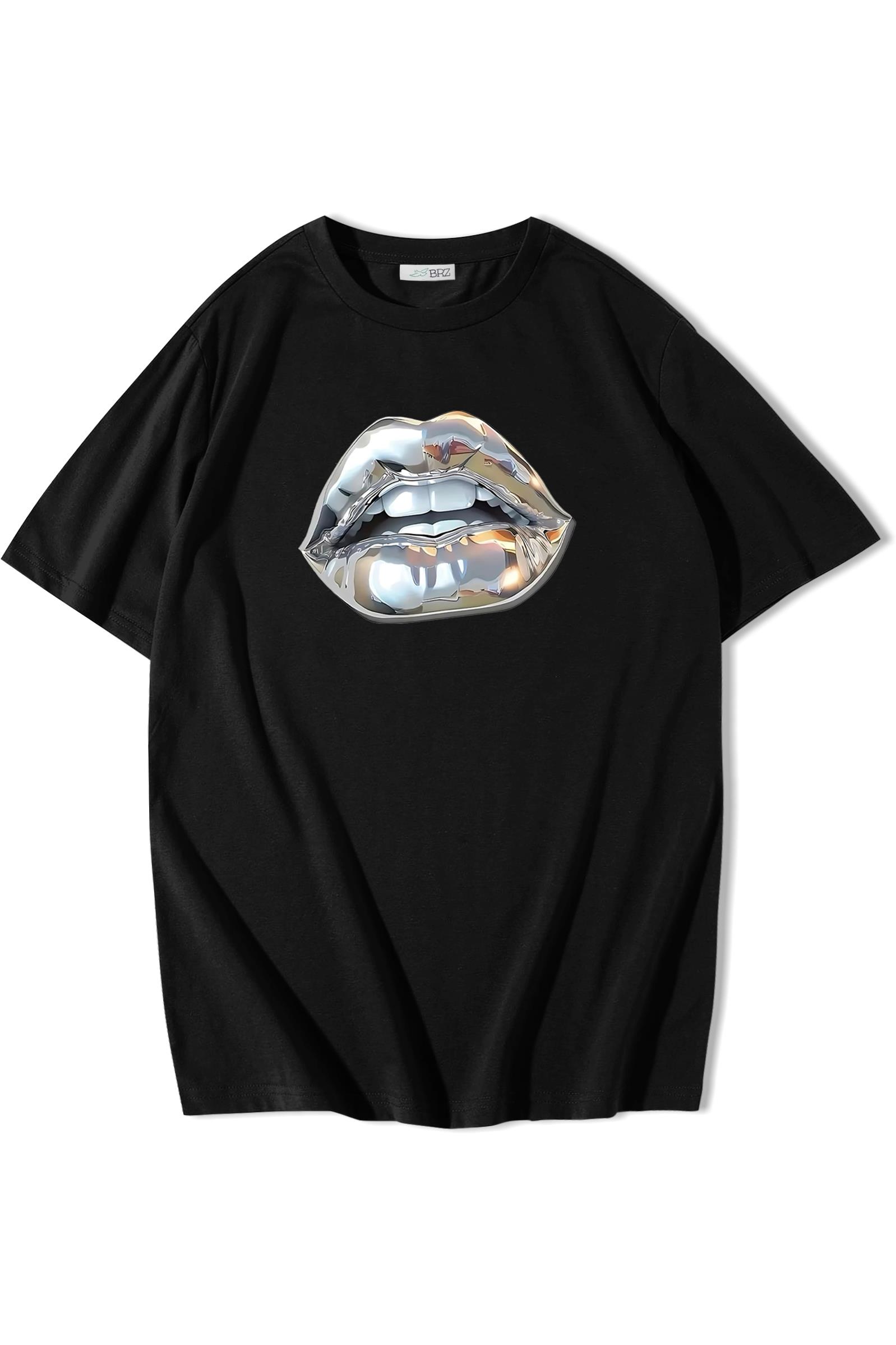 BRZ Collection Unisex Oversize Silver Lip Gümüş Dudak T-shirt Siyah