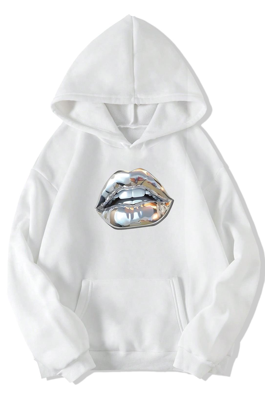 BRZ Collection Unisex Oversize Silver Lip Gümüş Dudak Hoodie (BEYAZ)