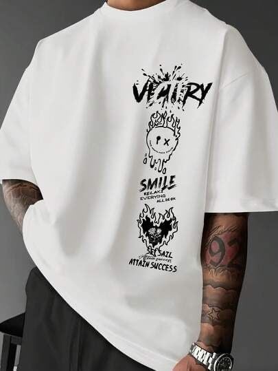 BRZ Collection Unisex Oversize Smile, Attain Success T-shirt (BEYAZ)