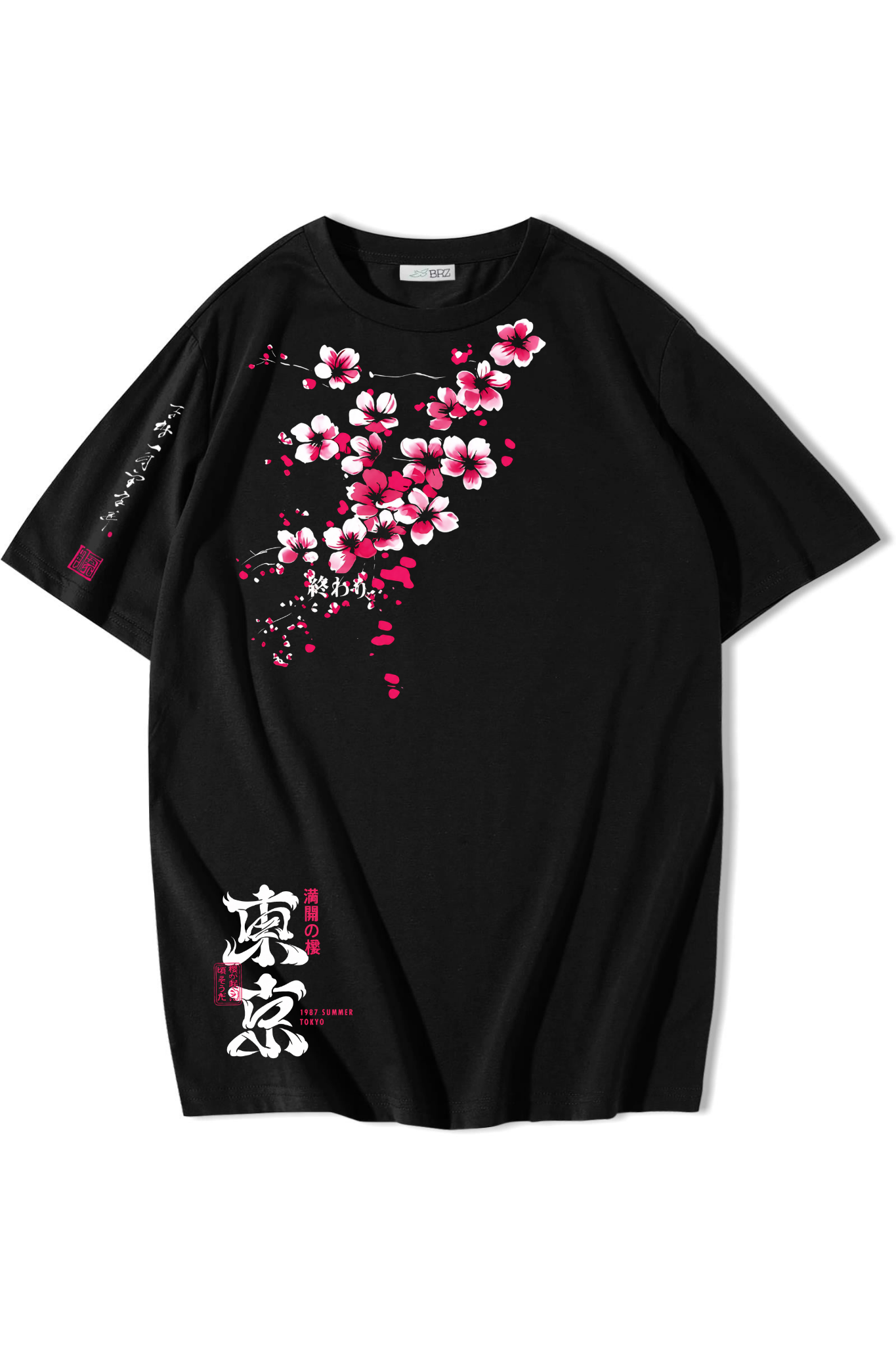 BRZ Collection Unisex Oversize Summer Tokyo Sakura T-shirt Siyah