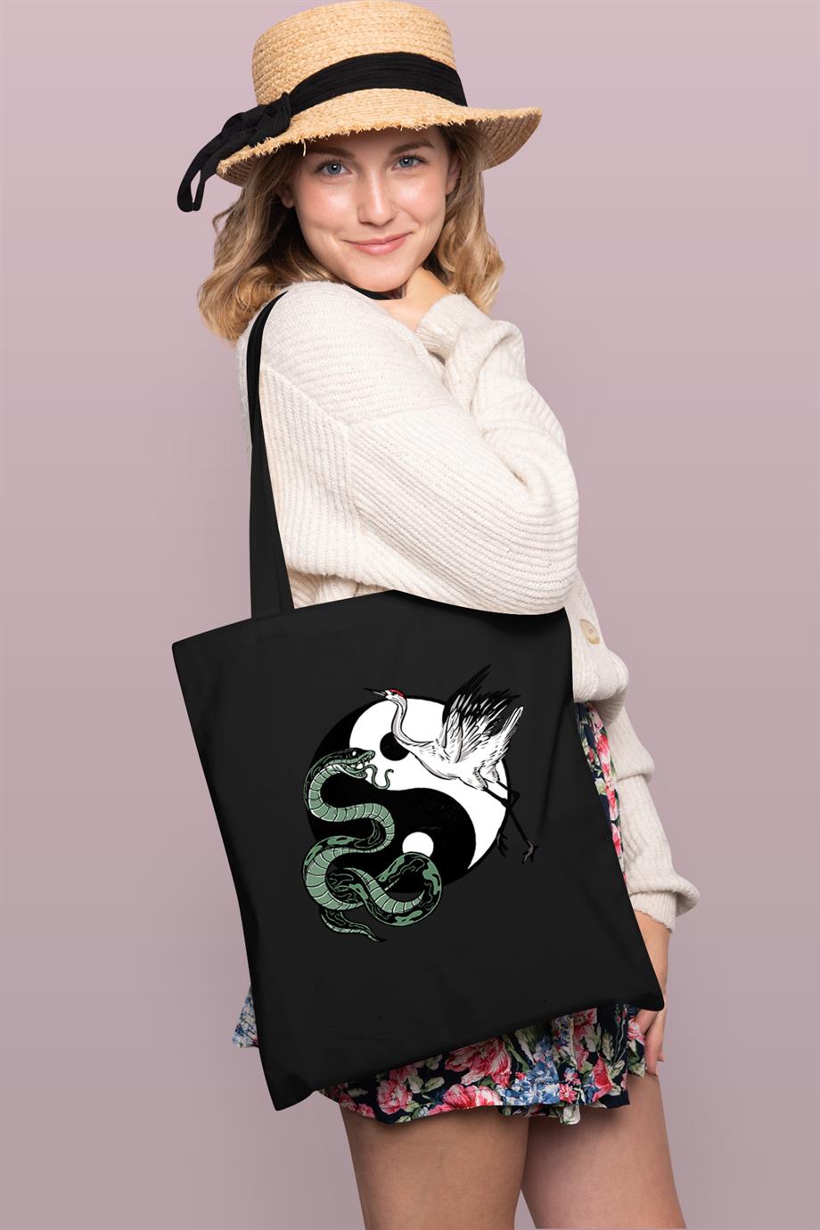 BRZ Collection Ying Yang Snake And Crane Baskılı Tote Bag Gabardin Çanta