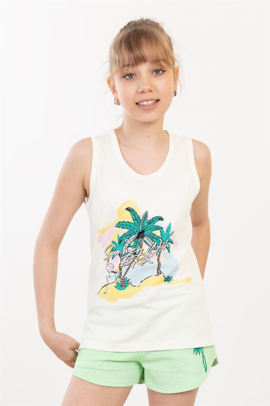 BRZ Kids Baskılı Yırtmaçlı Kız Çocuk Sıfır Kol T-shirt