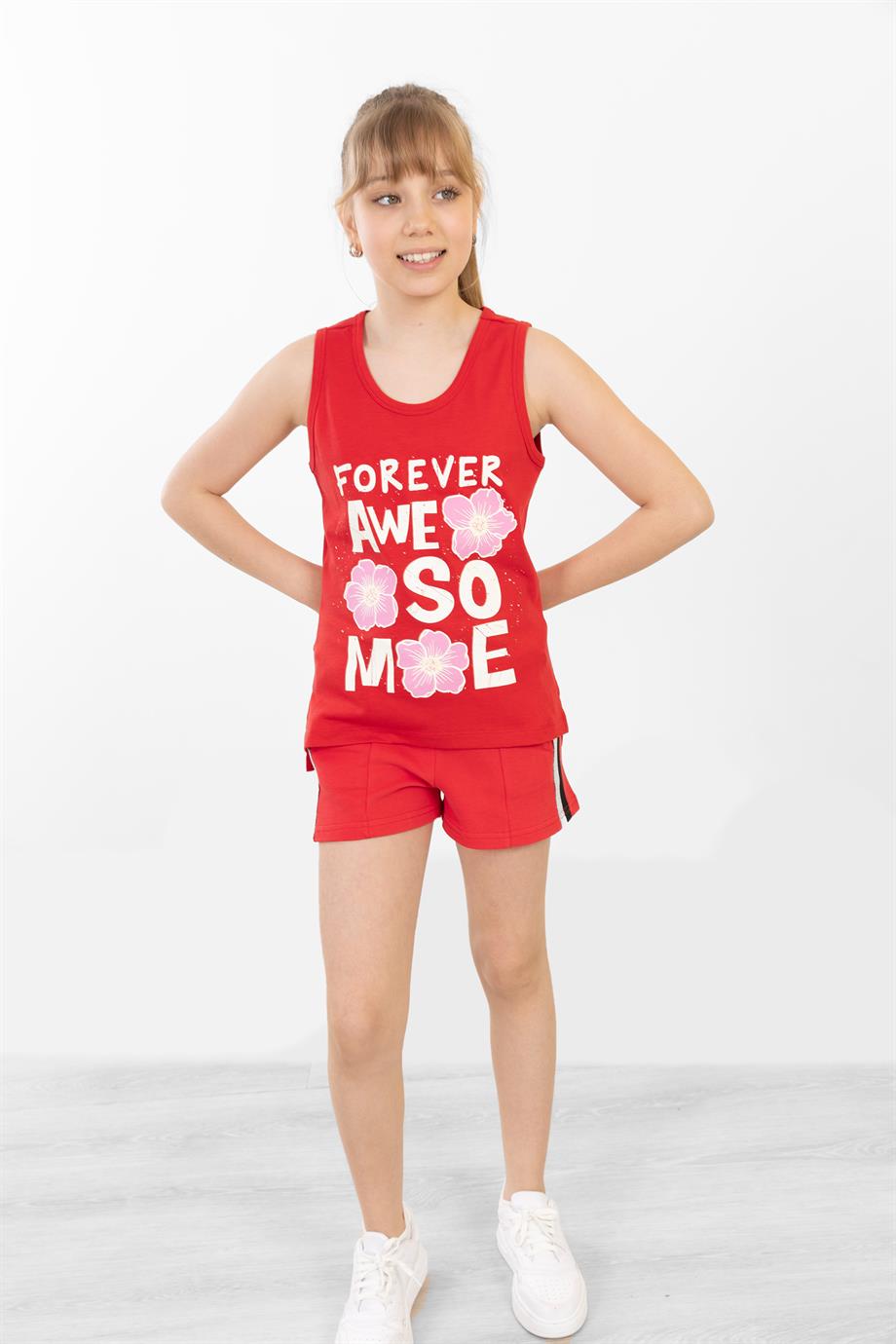 BRZ Kids Baskılı Yırtmaçlı Kız Çocuk Sıfır Kol T-shirt
