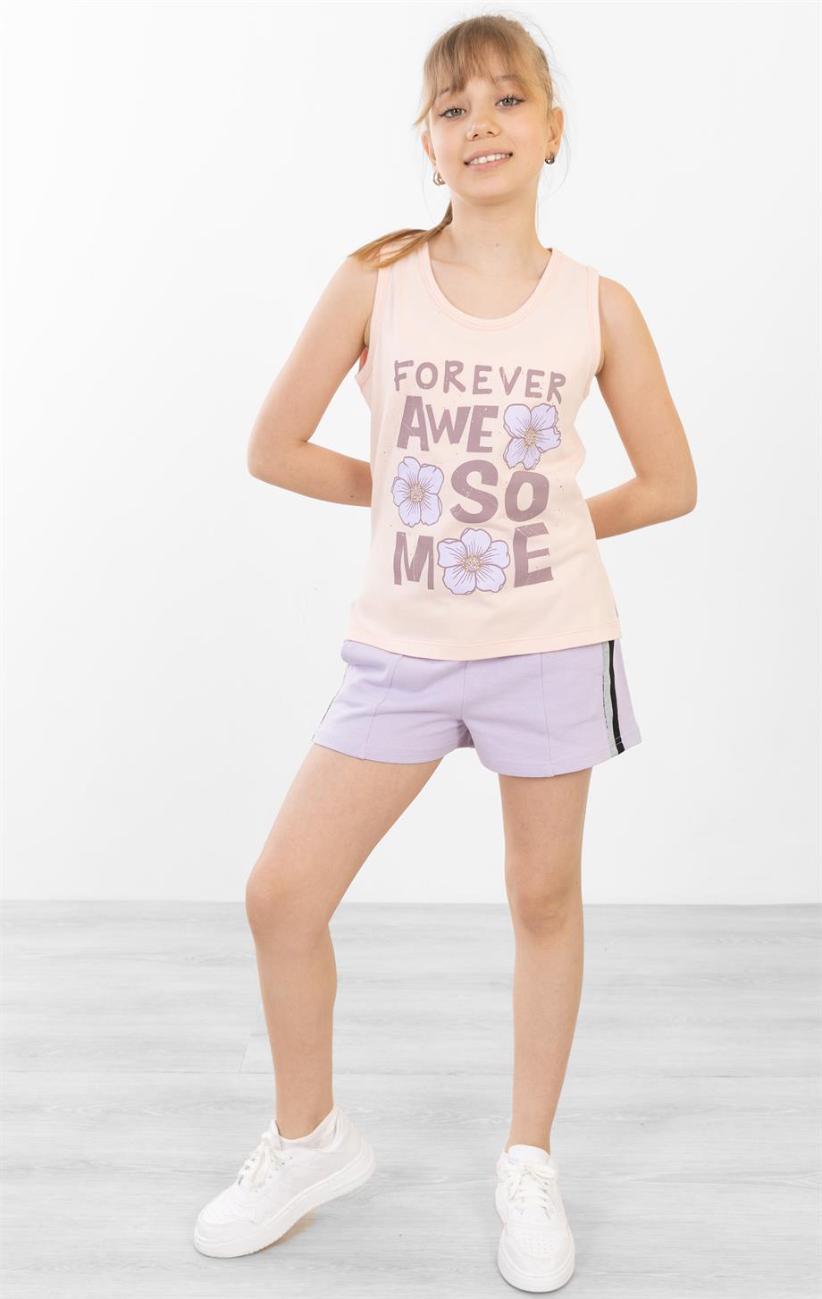 BRZ Kids Baskılı Yırtmaçlı Kız Çocuk Sıfır Kol T-shirt
