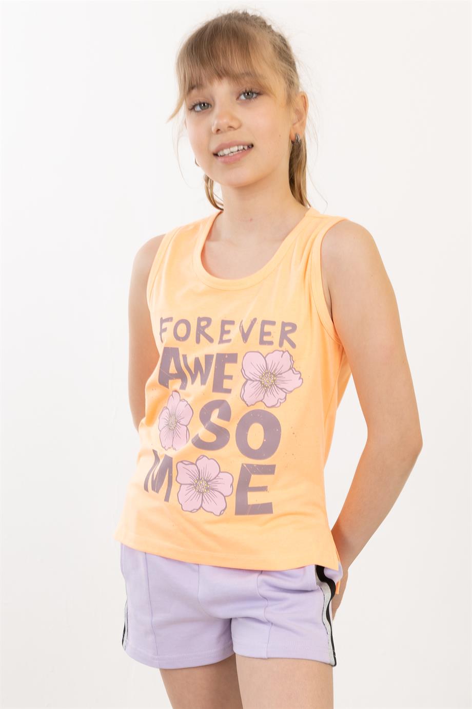 BRZ Kids Baskılı Yırtmaçlı Kız Çocuk Sıfır Kol T-shirt